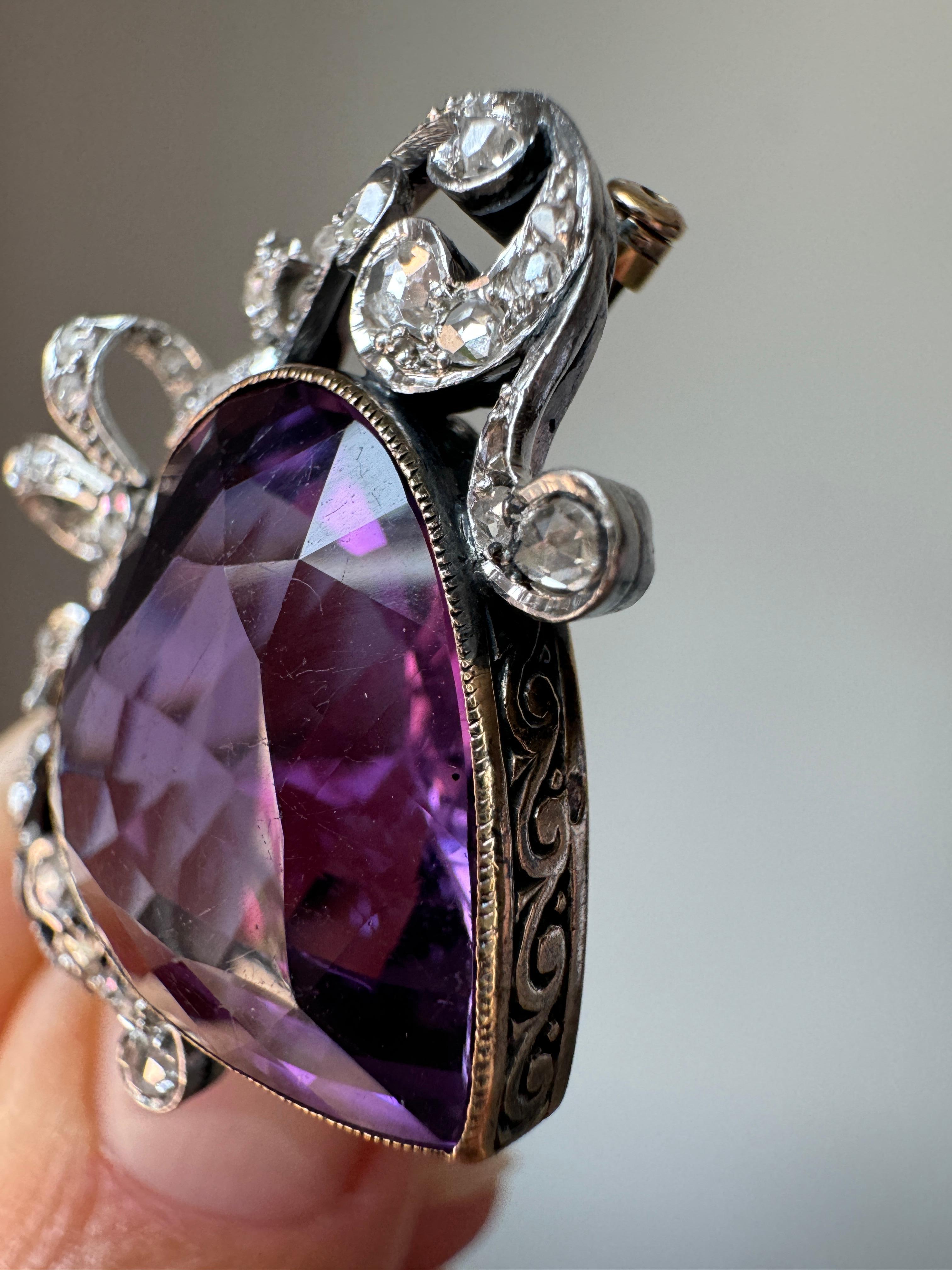 Women's Signed French Belle Epoque Amethyst and Diamond Crowned Heart Pendant Brooch For Sale
