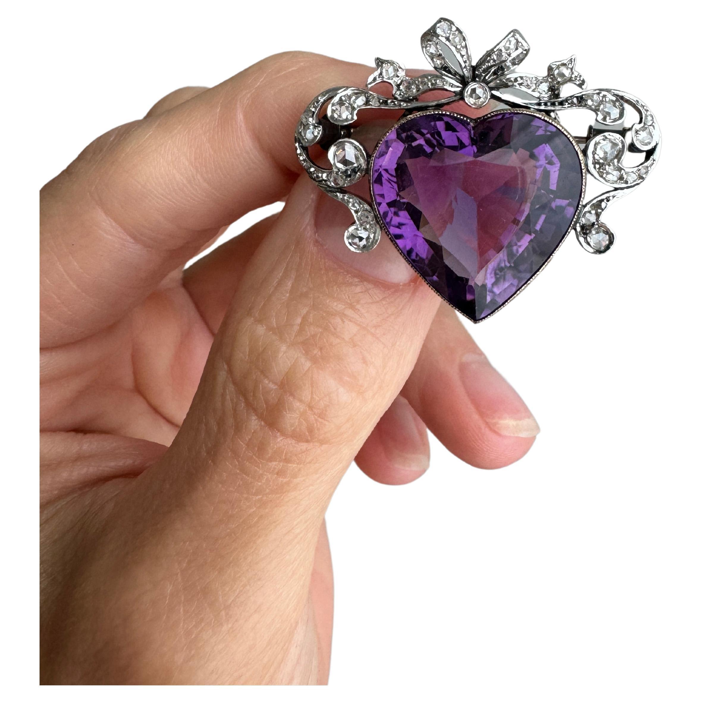 Signed French Belle Epoque Amethyst and Diamond Crowned Heart Pendant Brooch For Sale