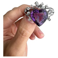 Signed French Belle Epoque Amethyst and Diamond Crowned Heart Pendant Brooch
