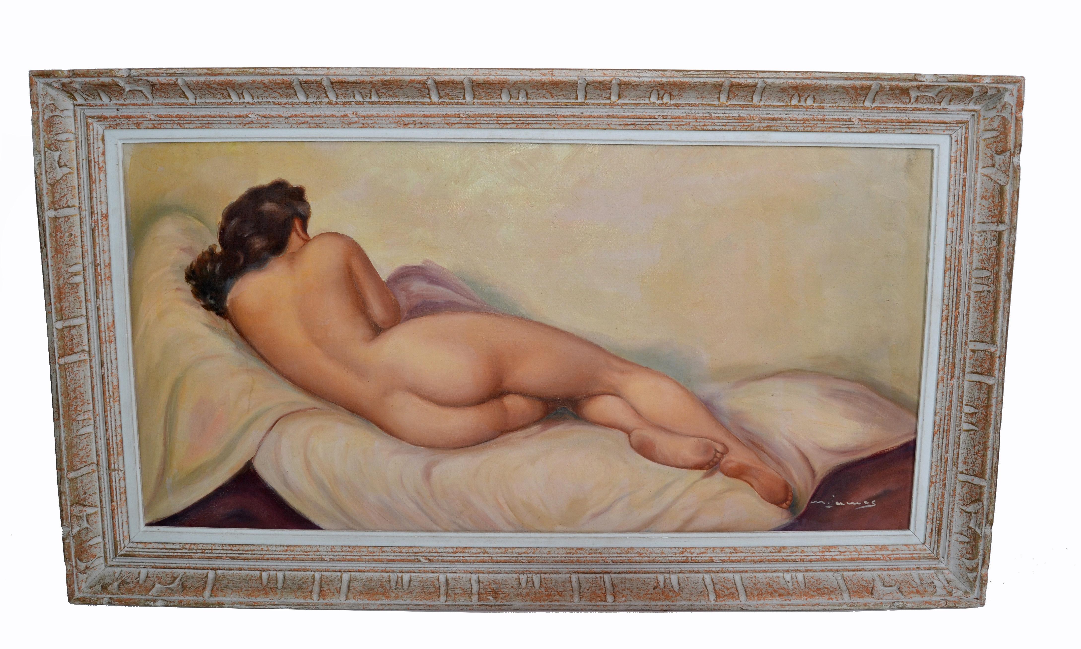 Signed French Framed Artwork Resting Nude Woman Hand Carved Bleached Oak Frame For Sale 4