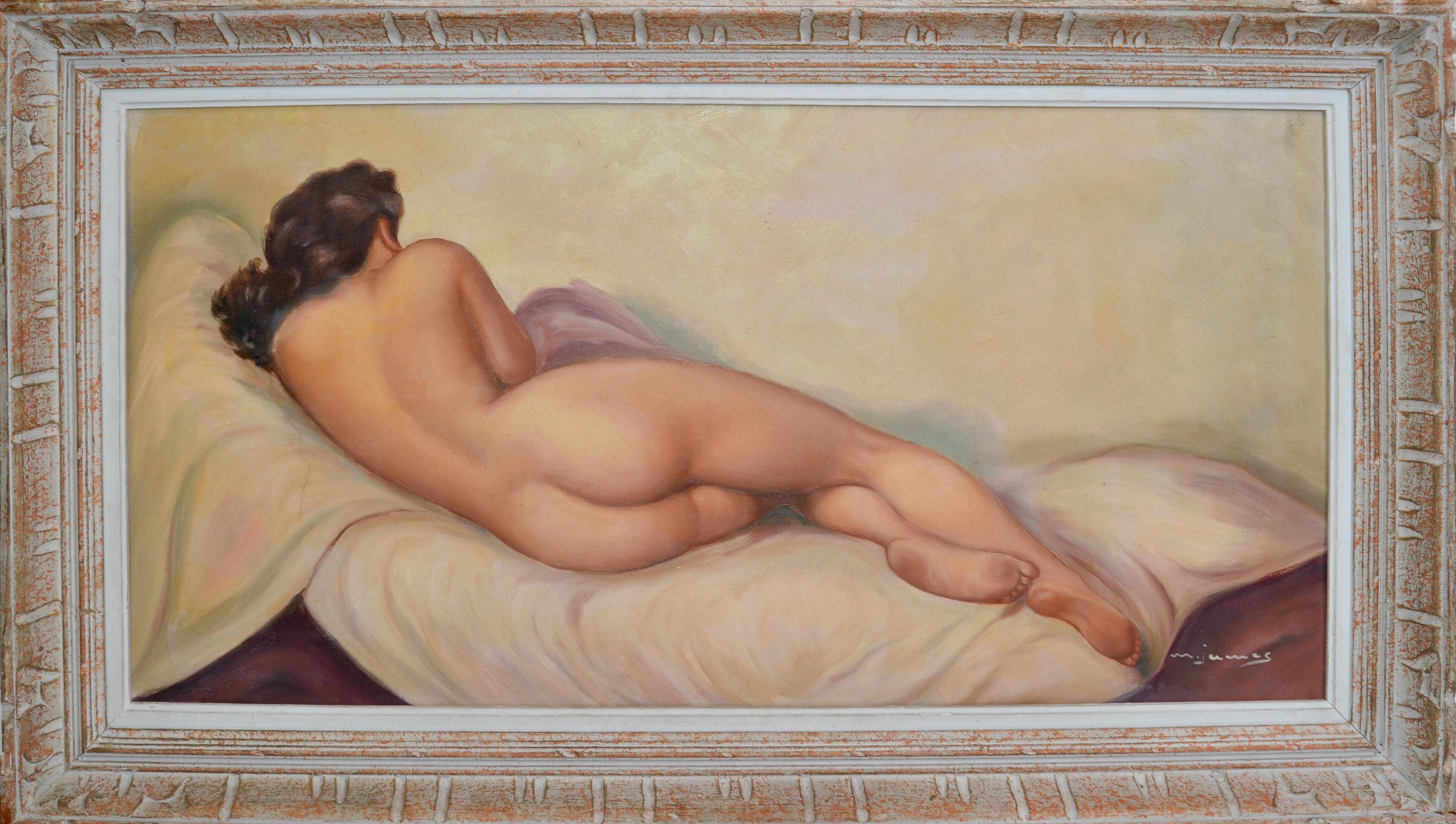 Signed French framed artwork resting nude woman hand carved bleached oak frame.