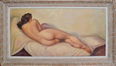 Œuvre d'art française encadrée:: signée:: représentant une femme nue au repos:: sculptée à la main dans un cadre en chêne blanchi
