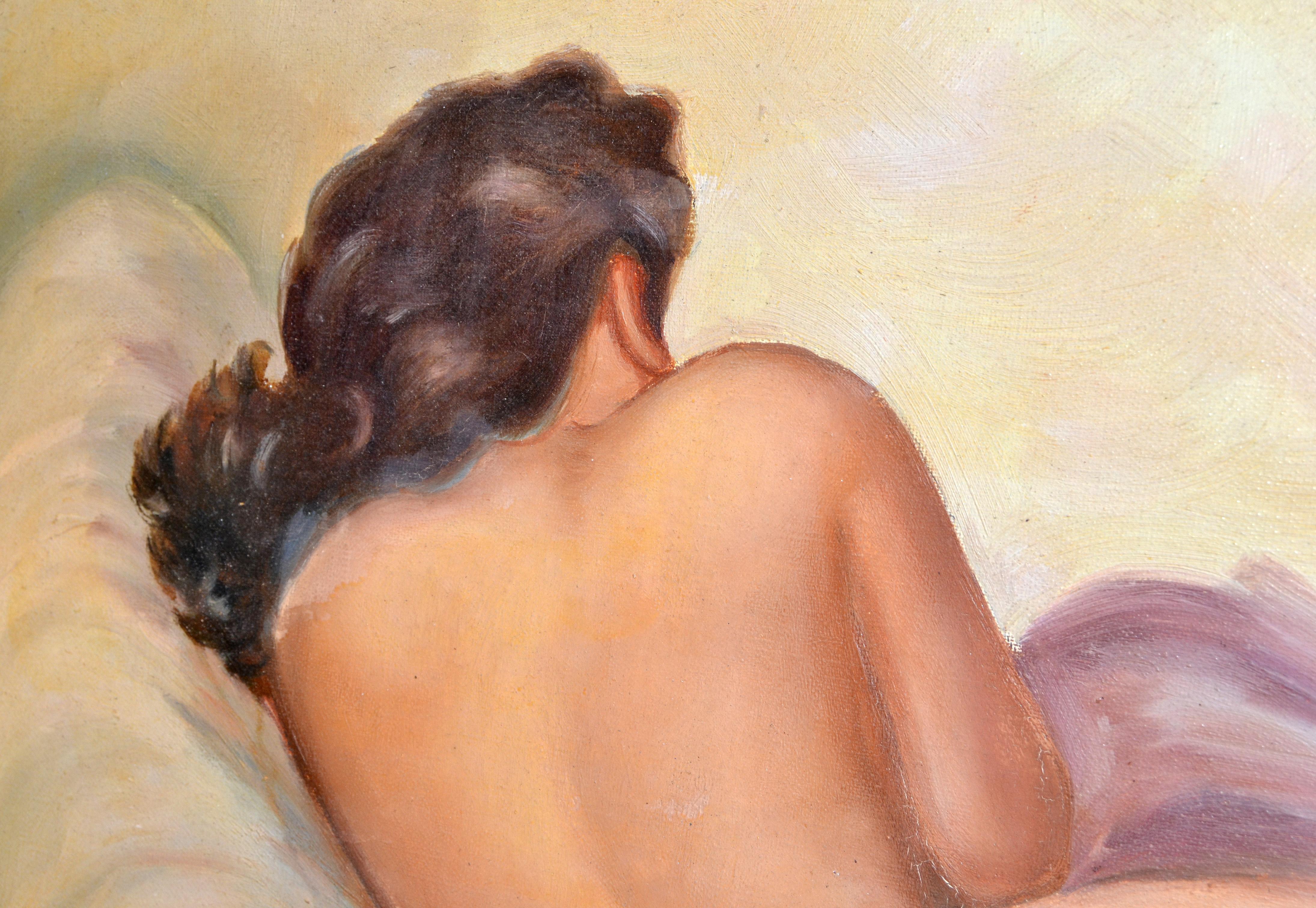 Hand-Carved Signed French Framed Artwork Resting Nude Woman Hand Carved Bleached Oak Frame For Sale