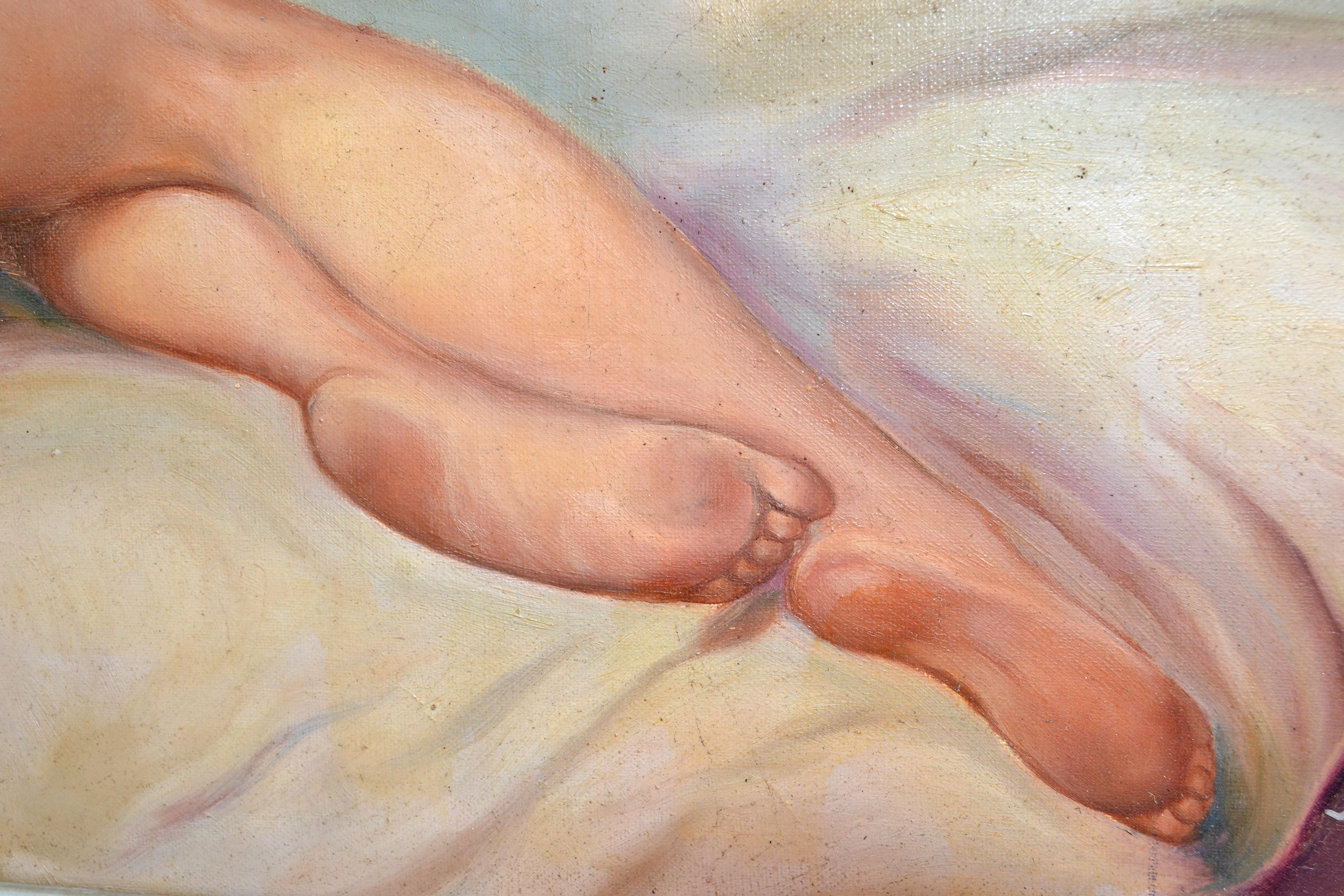 Signed French Framed Artwork Resting Nude Woman Hand Carved Bleached Oak Frame In Good Condition For Sale In Miami, FL