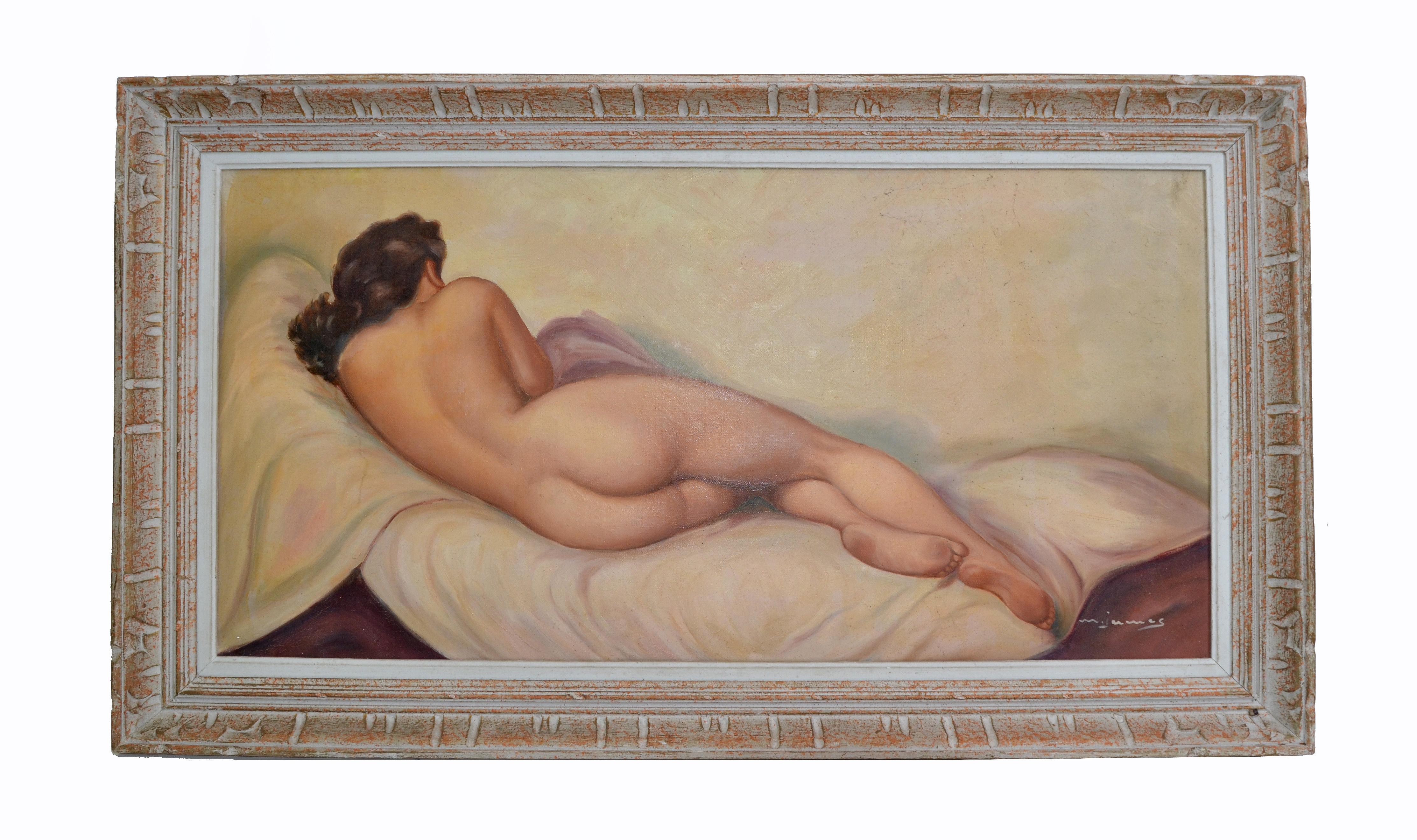 Mid-20th Century Signed French Framed Artwork Resting Nude Woman Hand Carved Bleached Oak Frame For Sale