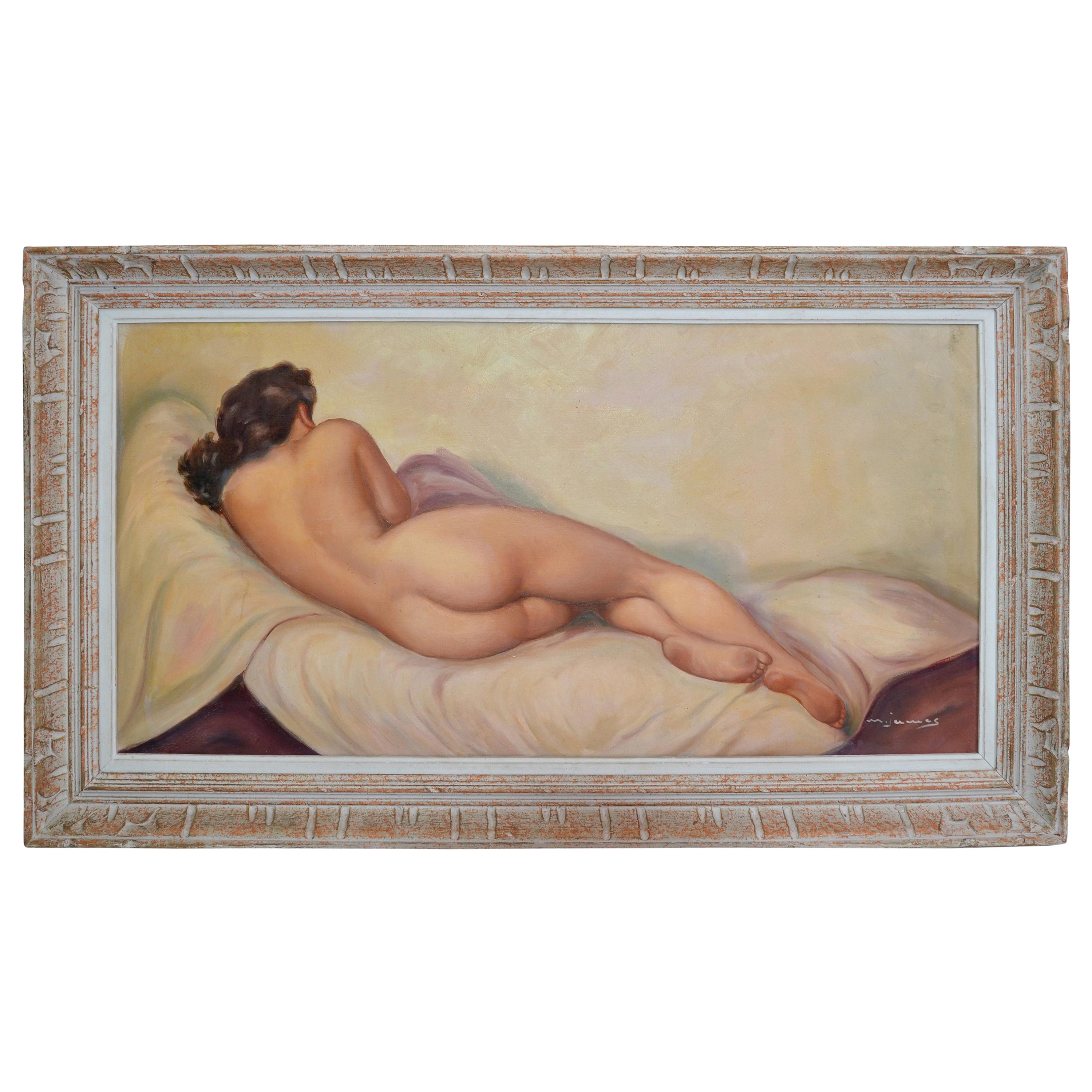 Signed French Framed Artwork Resting Nude Woman Hand Carved Bleached Oak Frame