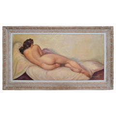 Vintage Signed French Framed Artwork Resting Nude Woman Hand Carved Bleached Oak Frame