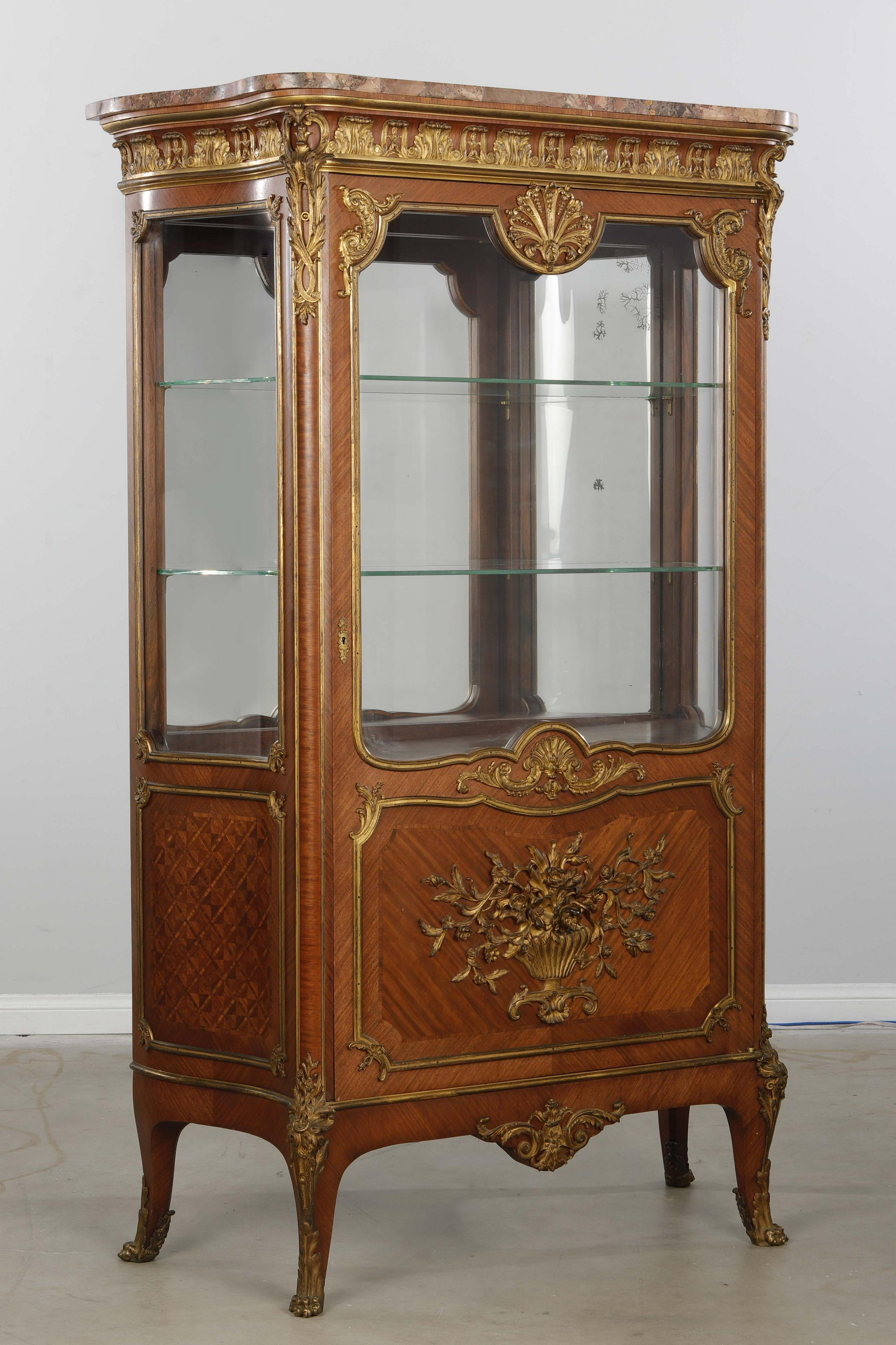 Veneer Signed French Gilt Bronze Mounted Vitrine Cabinet, 19th Century