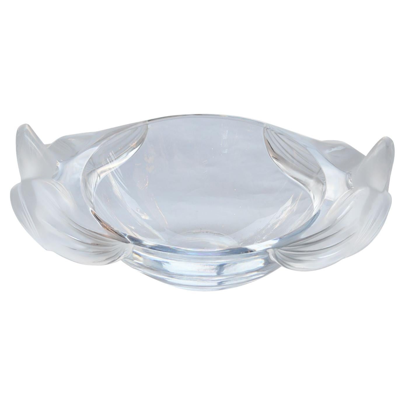 Signed French Lalique Glass Bowl with Flowered Details For Sale