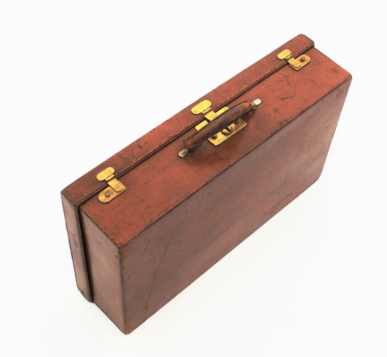 Signed French Luxury Brown Leather Suitcase by Gustave Keller, Paris