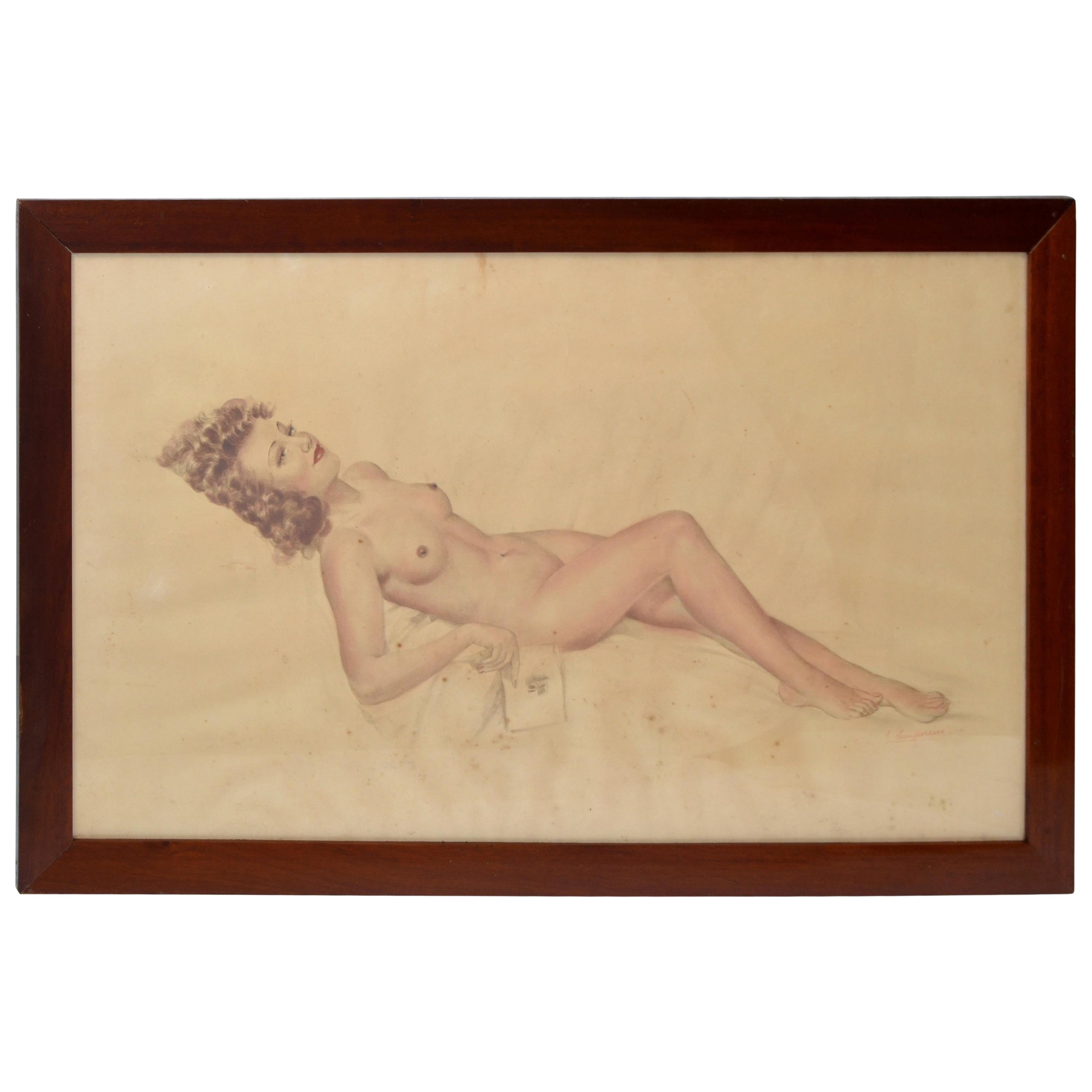 Signed French Neoclassical Framed and Glass Cover Painting Resting Nude Woman 40 For Sale