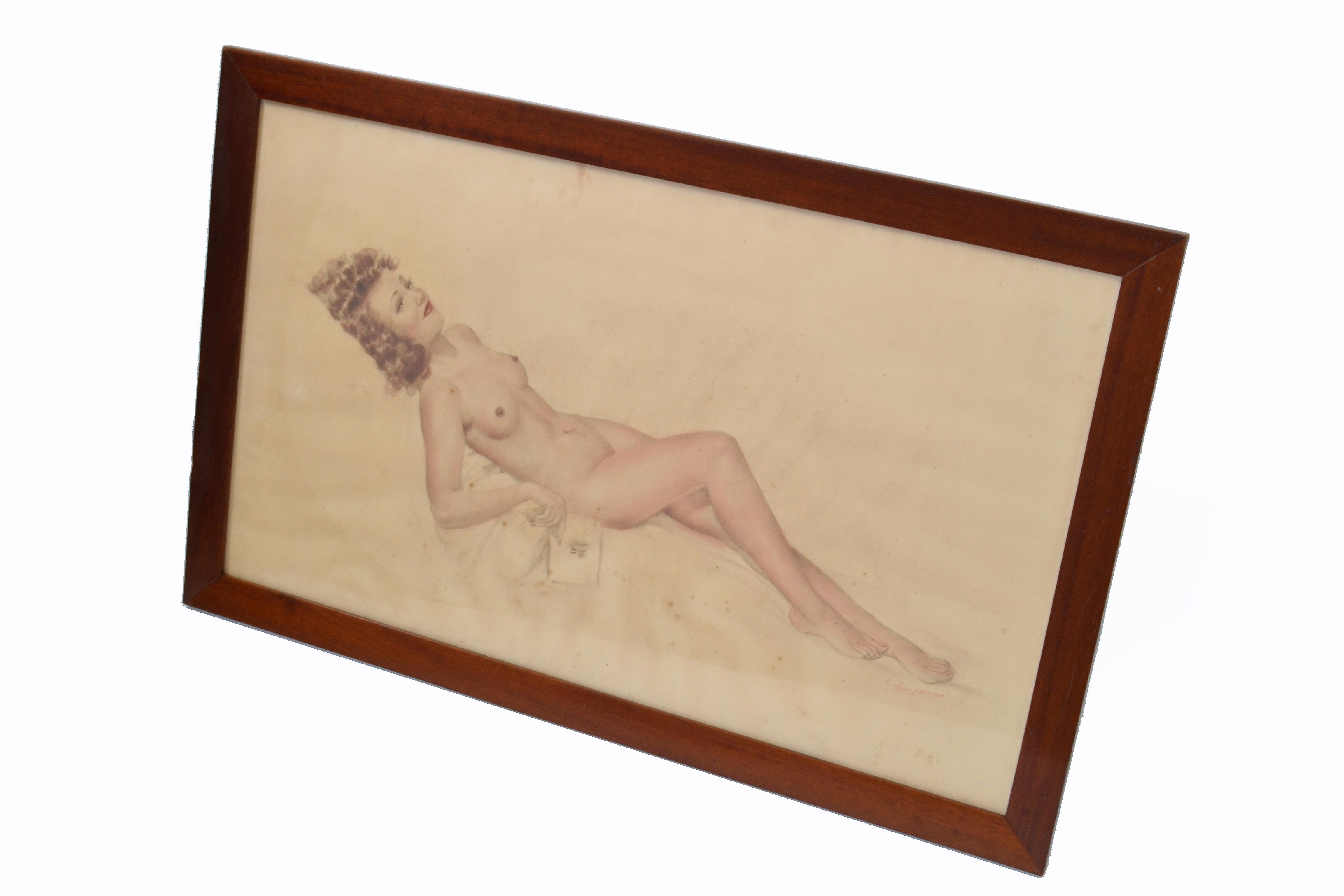 Signed French Neoclassical Framed and Glass Cover Painting Resting Nude Woman 40 For Sale 5