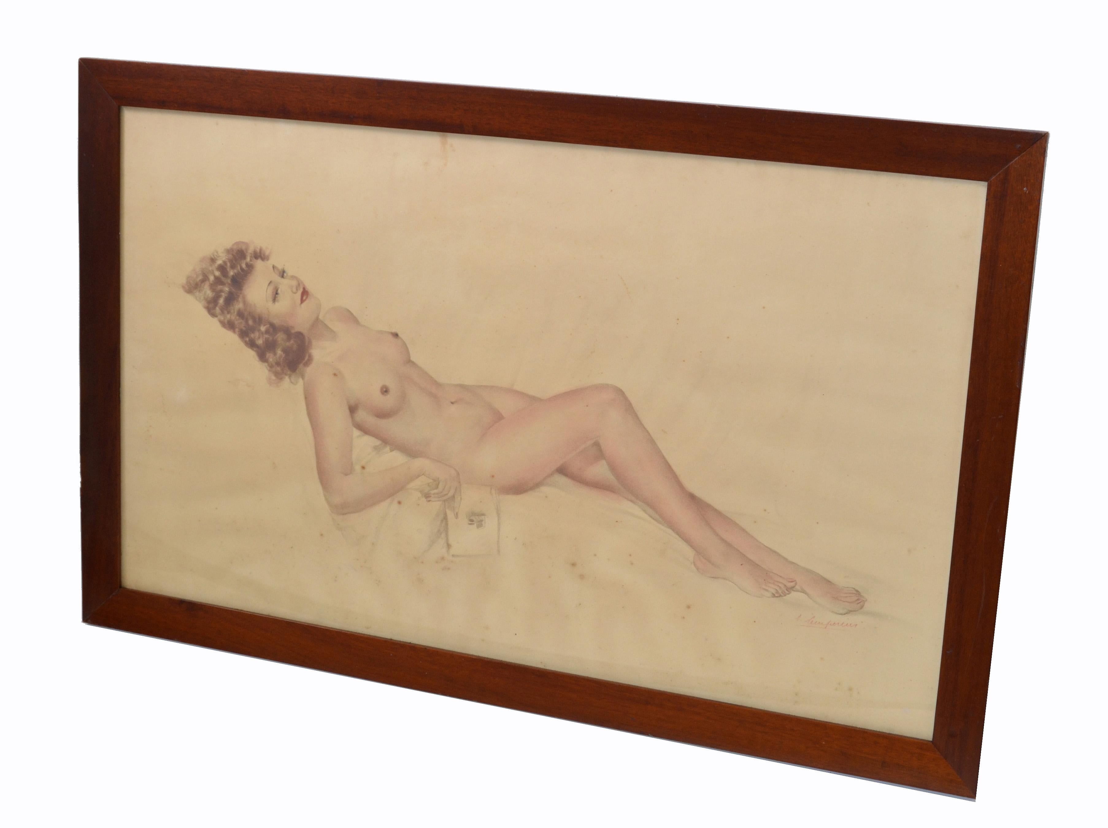 Signed French framed painting resting nude woman from the 1940.
Traditionally those paintings were hung above the bed in a master bedroom in France.
Original signature by Artist.
Size of painting: 37.5 x 22 inches.