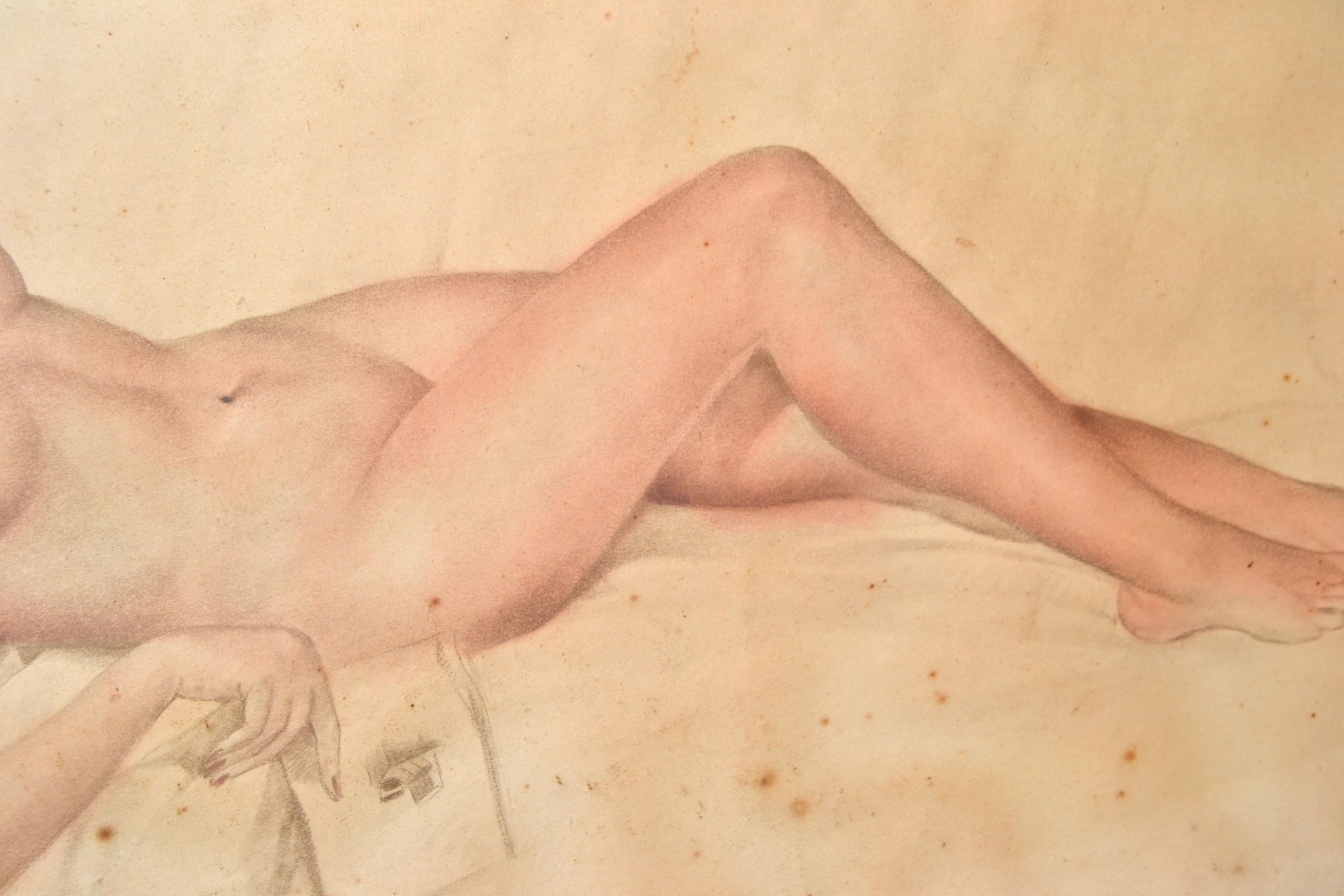 Signed French Neoclassical Framed and Glass Cover Painting Resting Nude Woman 40 In Good Condition For Sale In Miami, FL