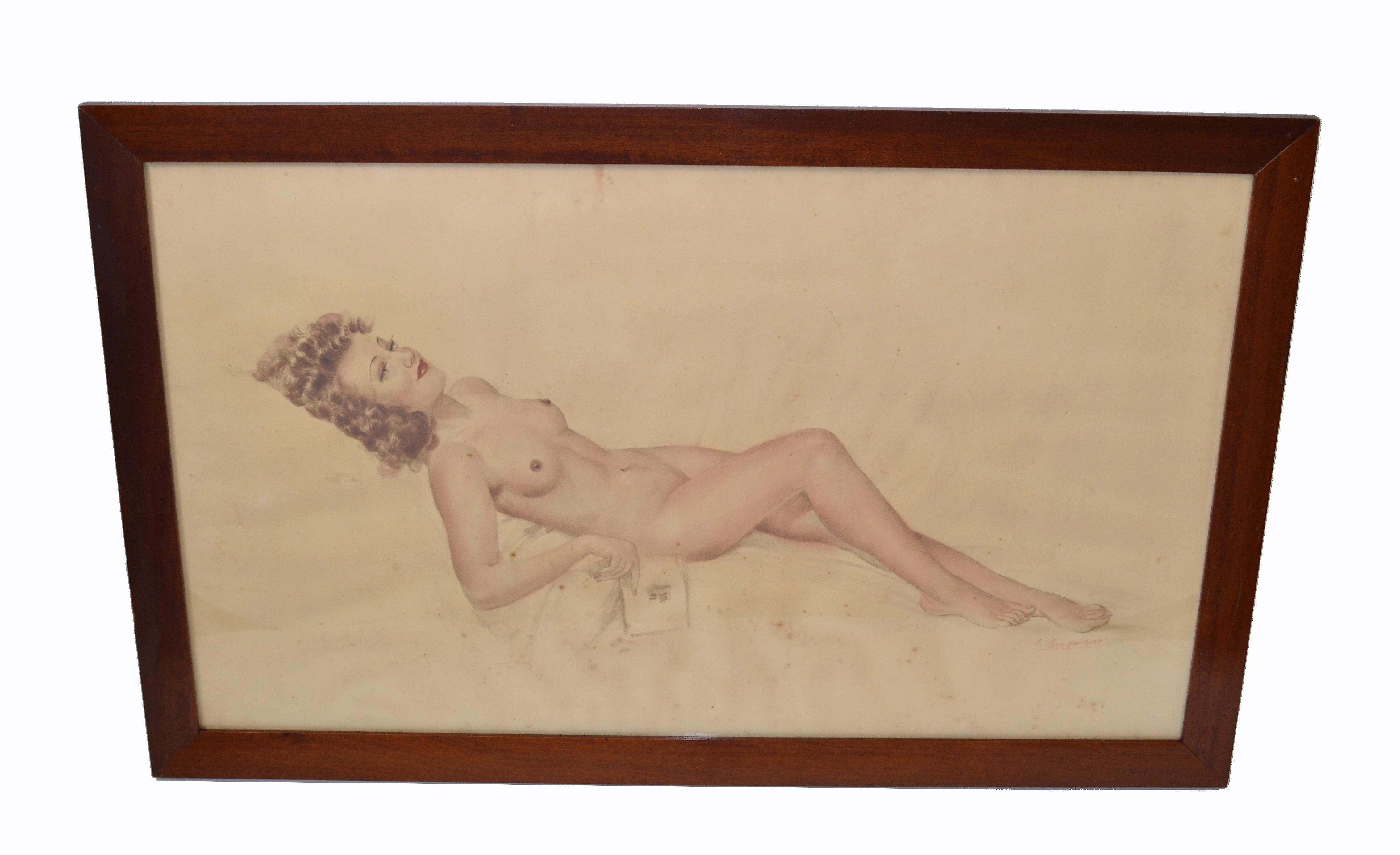 Canvas Signed French Neoclassical Framed and Glass Cover Painting Resting Nude Woman 40 For Sale