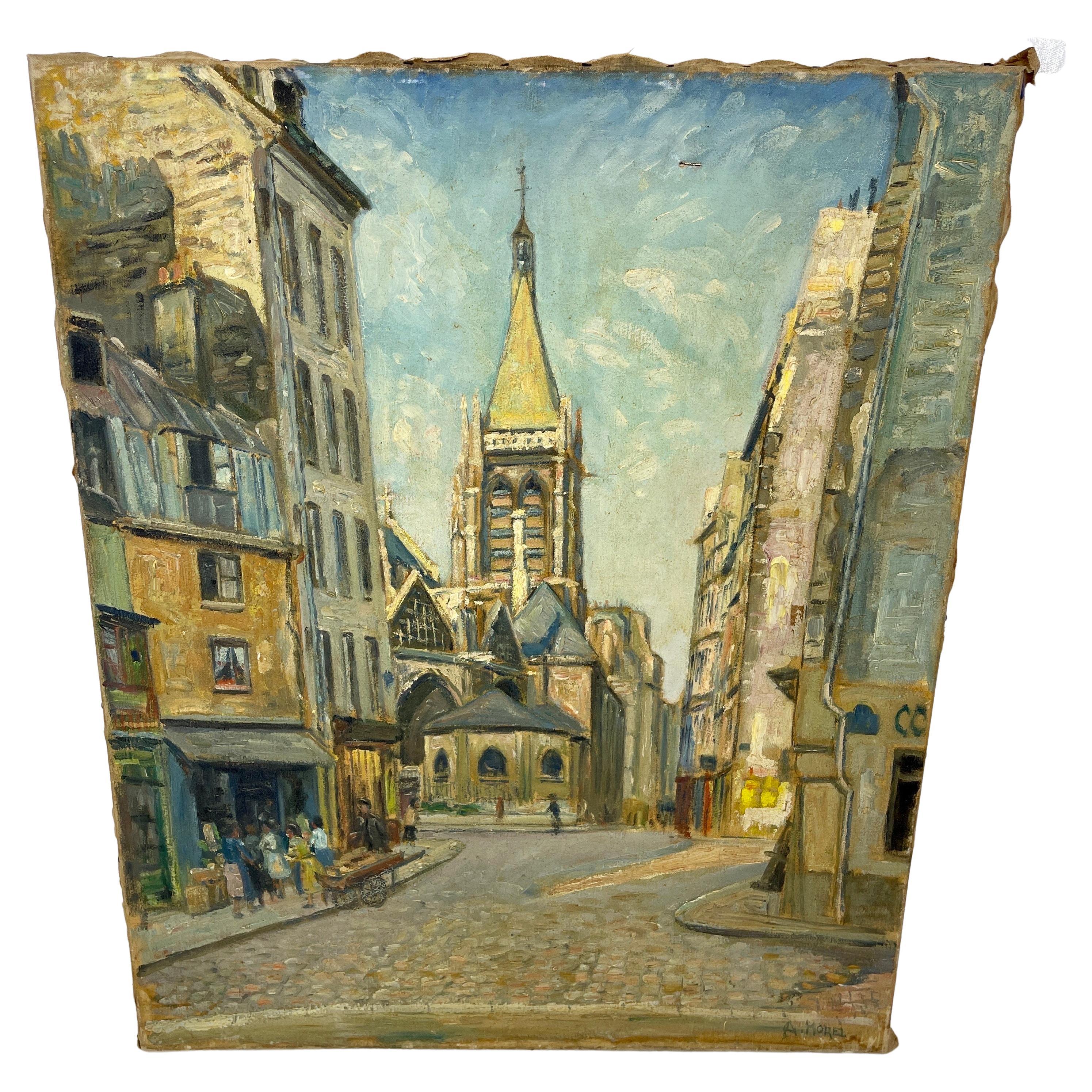 Charming oil on canvas painting of Paris France city scene, signed, circa 1950's.   

A very lifelike rendering Paris street scene featuring St Severin. This 20th Century oil painting features a church and people around the famous area of Paris.