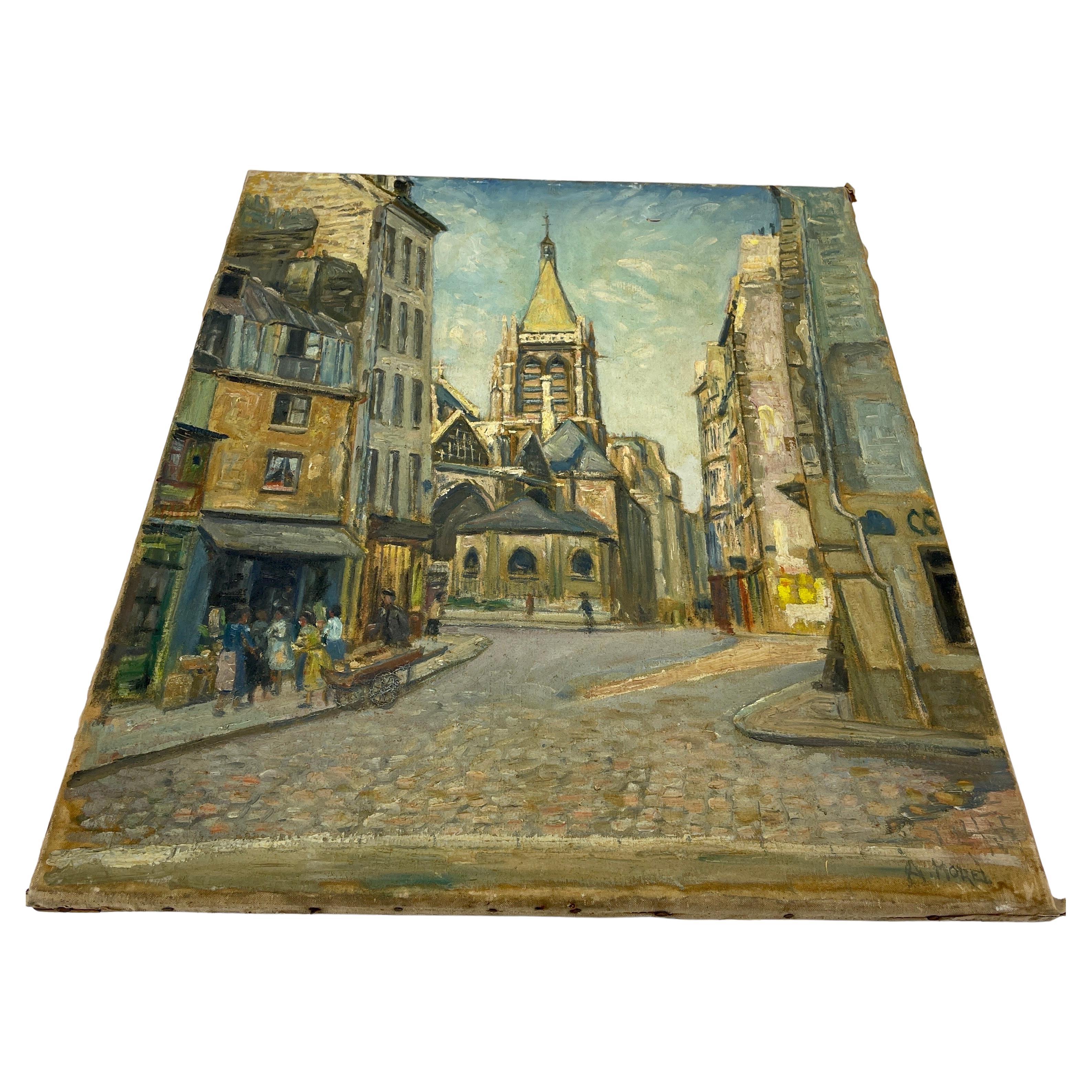 Hand-Painted Signed French Oil Painting of Paris City Scene, St Severin Mid 20th Century  For Sale