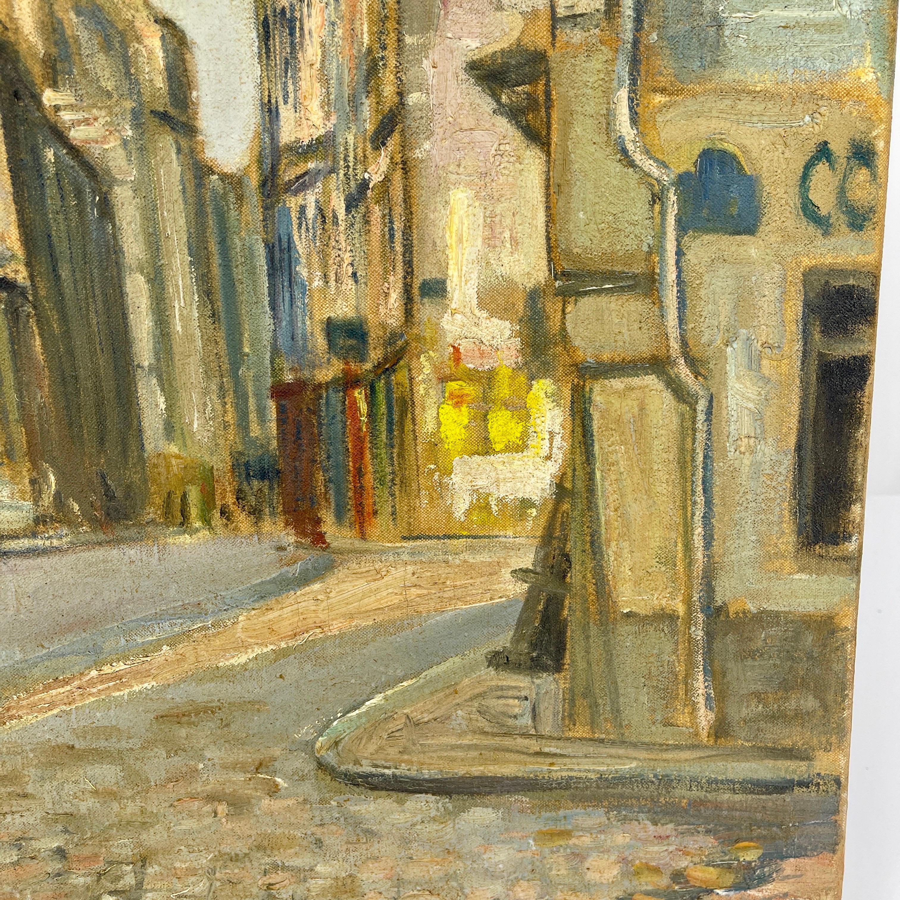 Hand-Painted Signed French Oil Painting of Paris City Scene, St Severin Mid 20th Century  For Sale