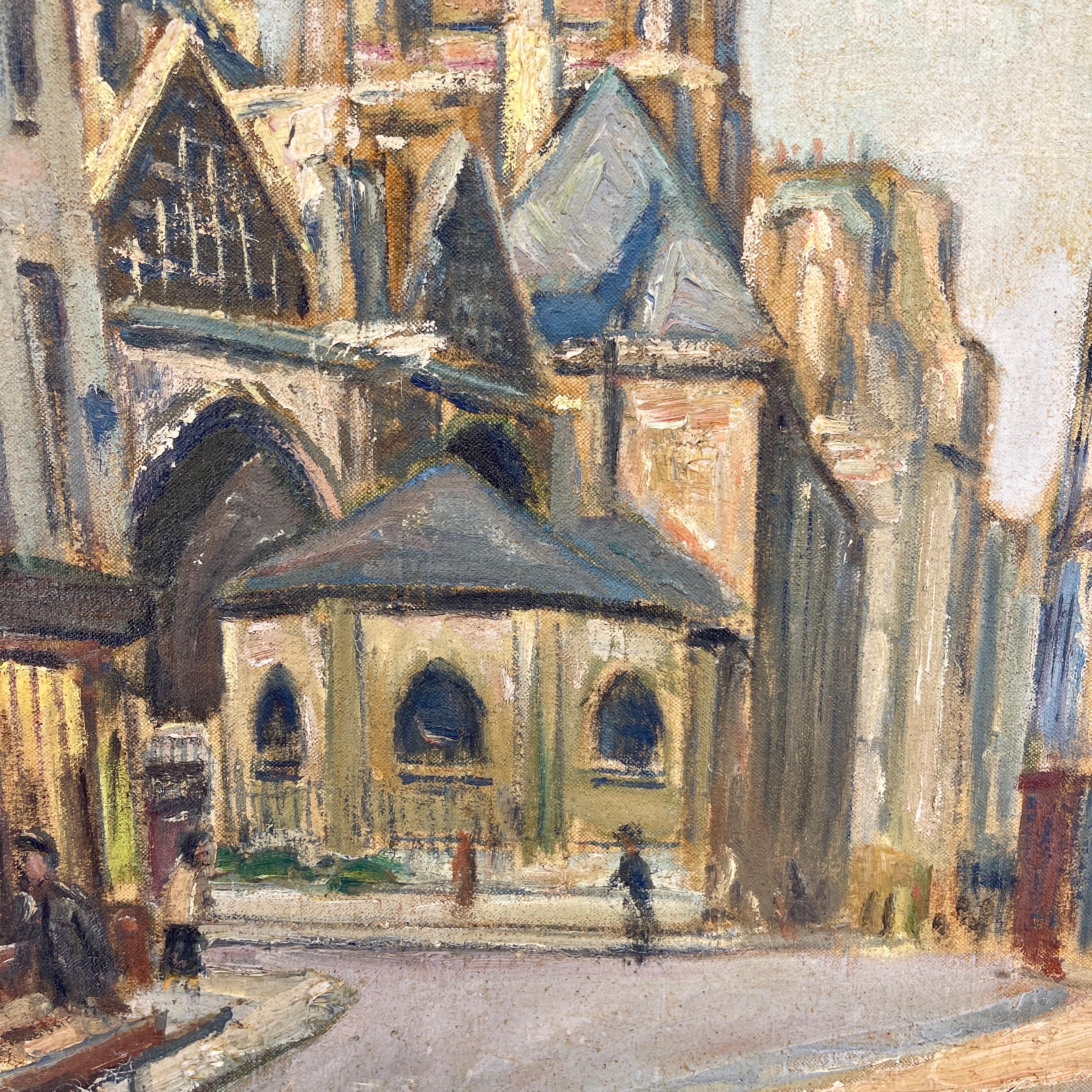 Signed French Oil Painting of Paris City Scene, St Severin Mid 20th Century  In Good Condition For Sale In Haddonfield, NJ