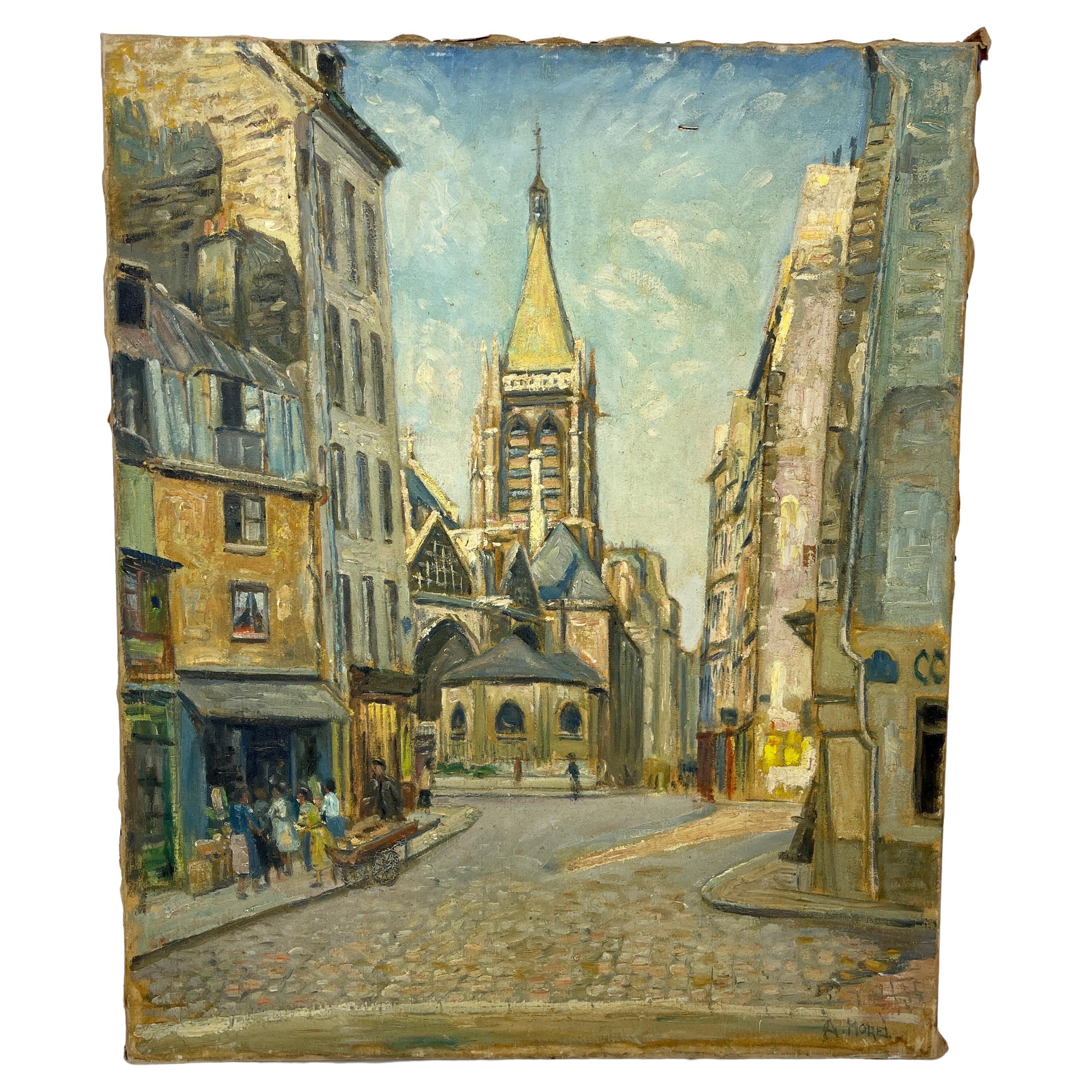 Peinture à l'huile française d'une scène de ville de Paris, St Severin, milieu du 20e siècle 