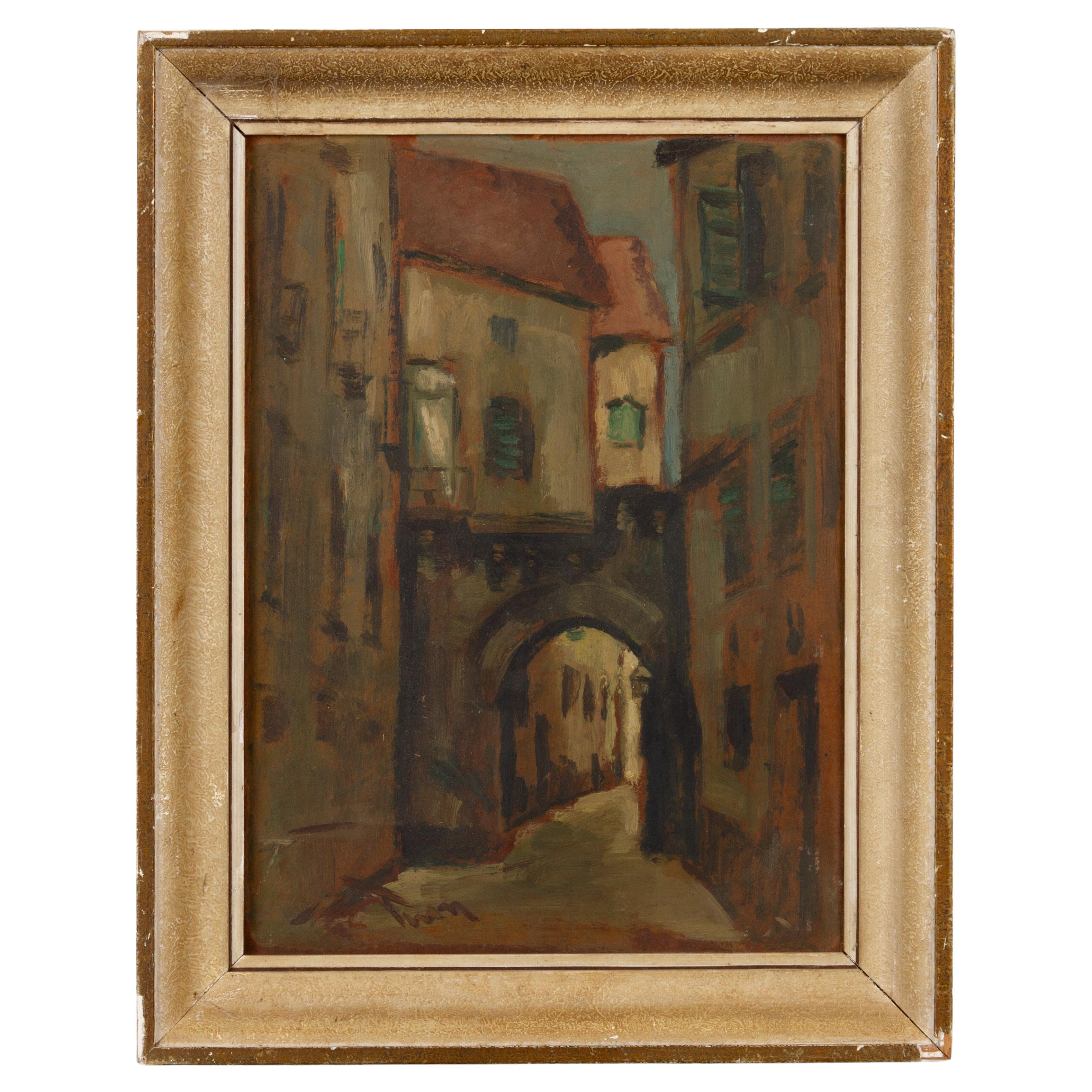 Signed French Oil Painting View of a Street 