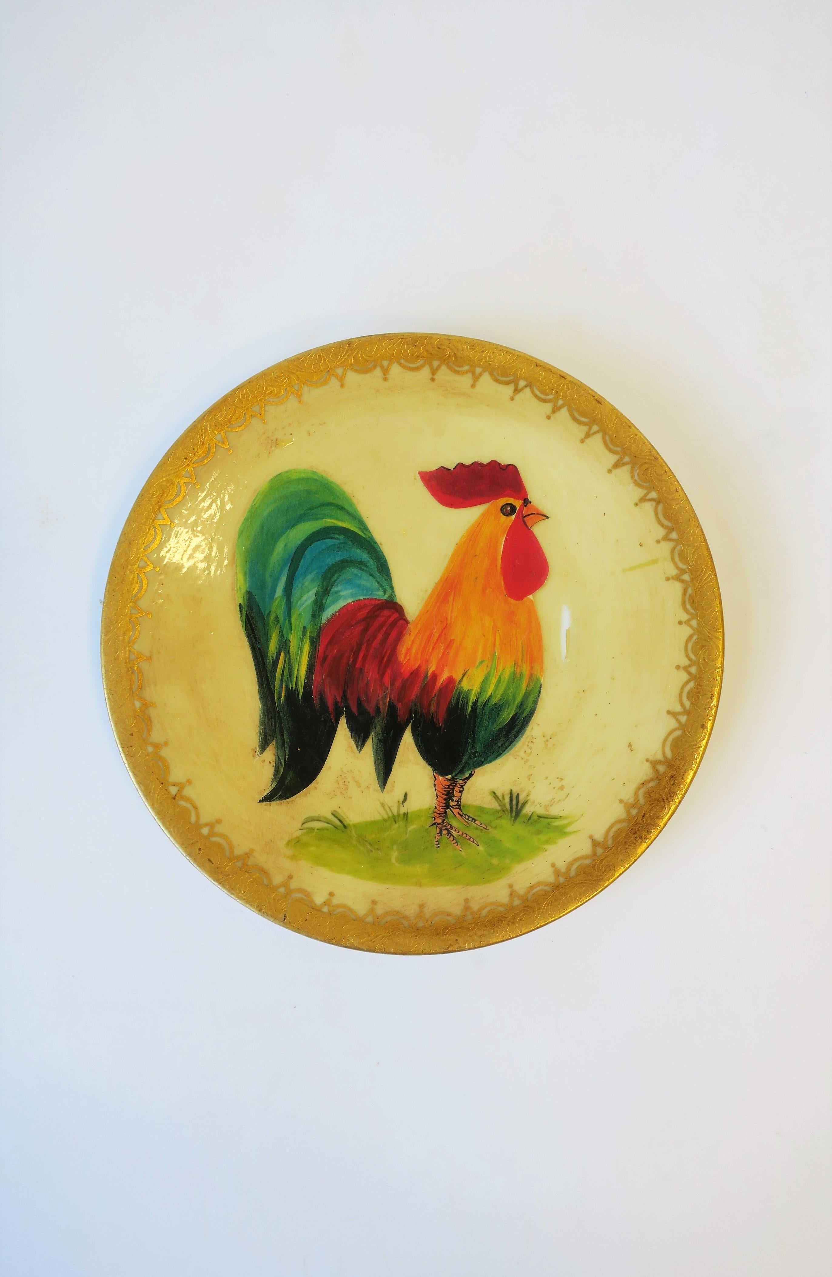 Rustic French Porcelain Rooster Bird Painting Wall Plate, Signed 