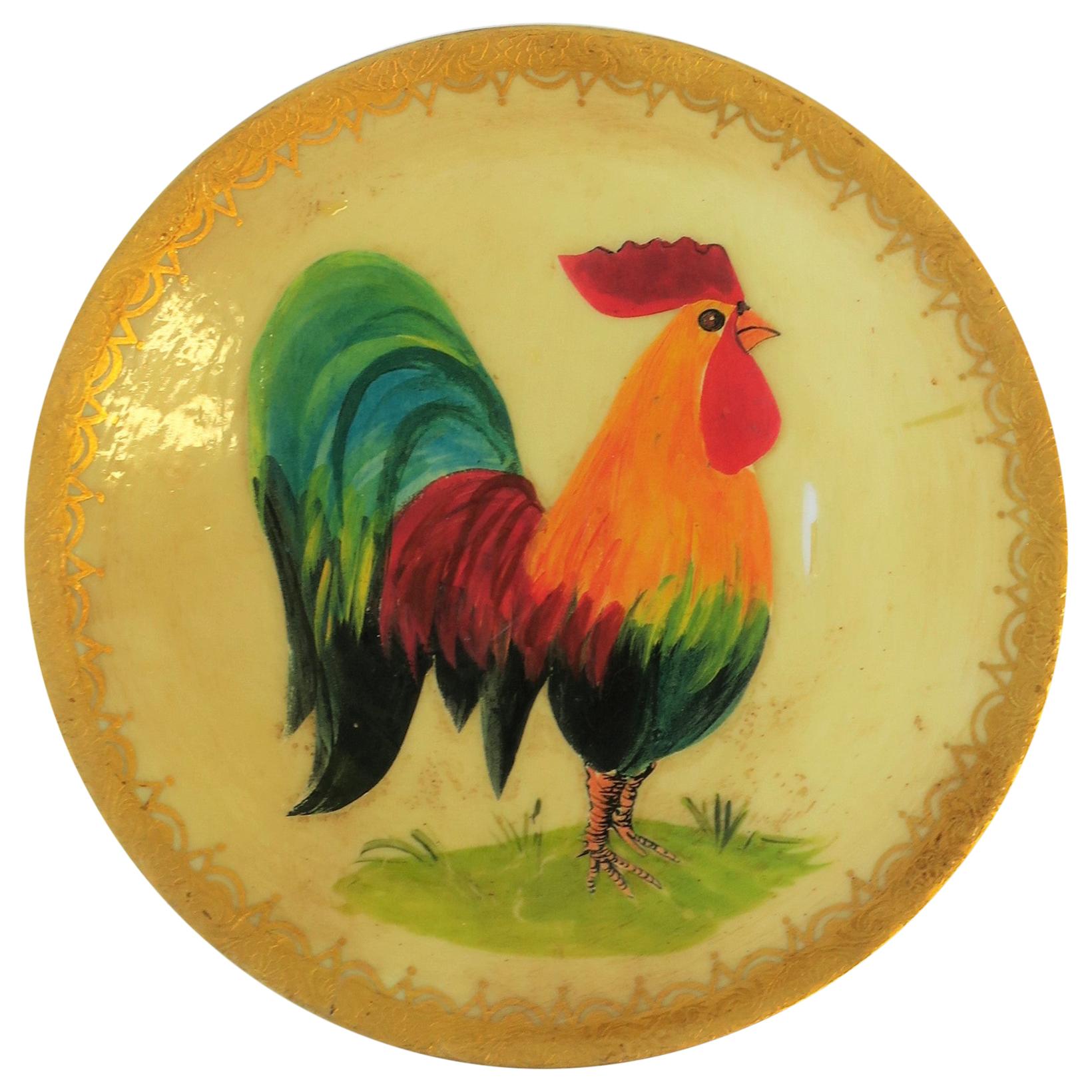 French Porcelain Rooster Bird Painting Wall Plate, Signed 