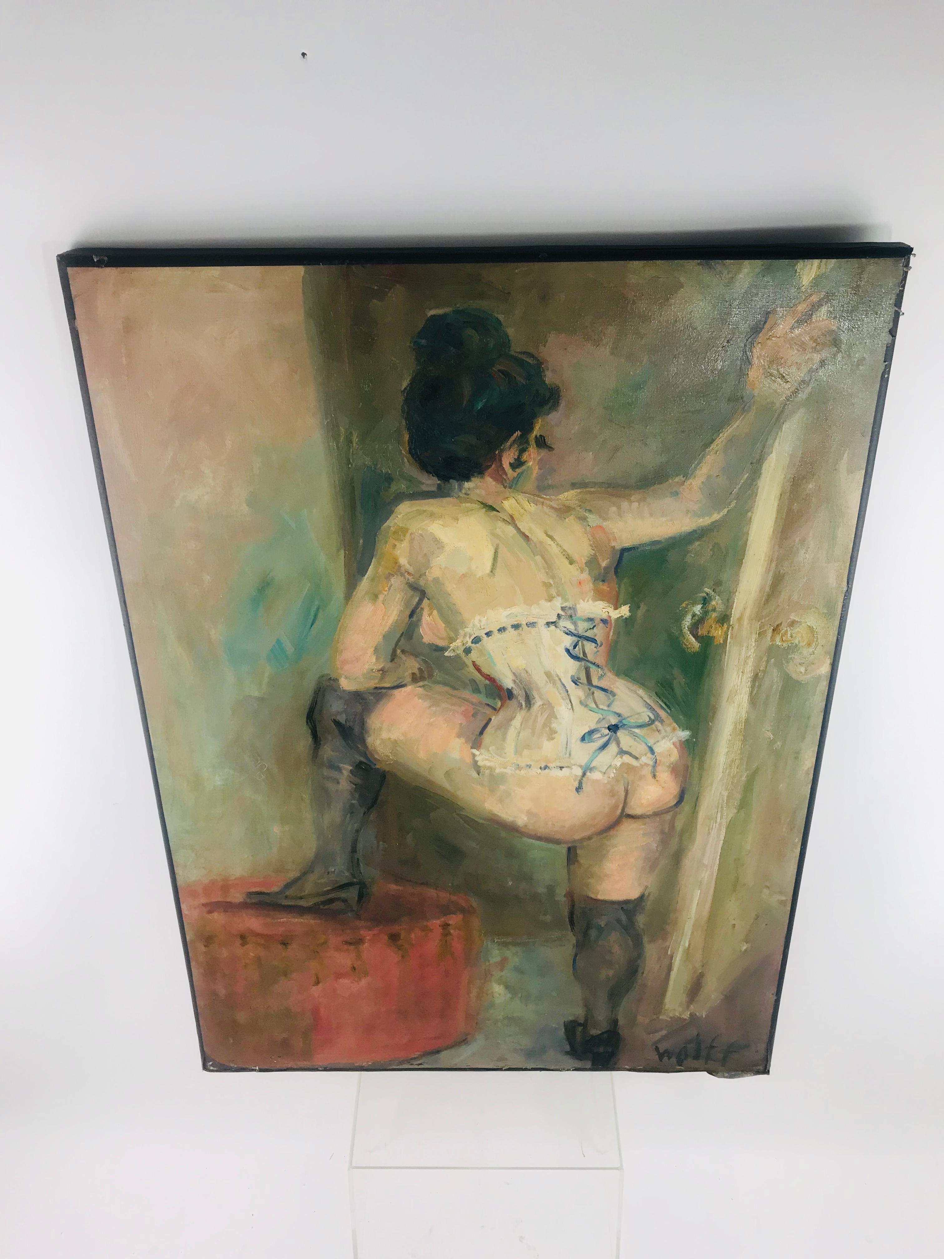 A beautiful signed (signature bottom right) oil on canvas by artist simply known as Wolff. A turn of the century depiction of a bare bottomed woman, wearing only her thigh high leather boots and a garter, although not made clear why or what she is