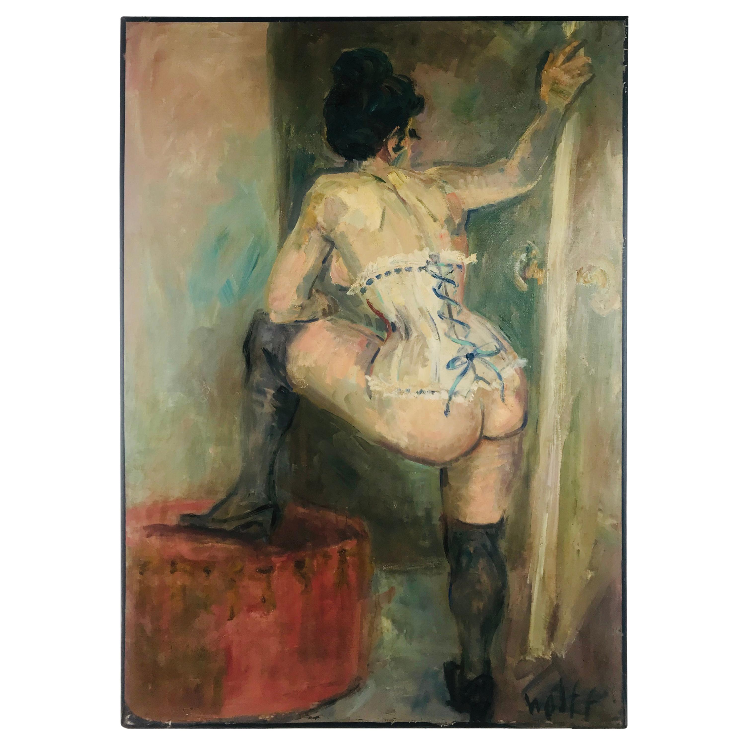 Signed Full Figure of Women in Corset Oil on Canvas by Wolff