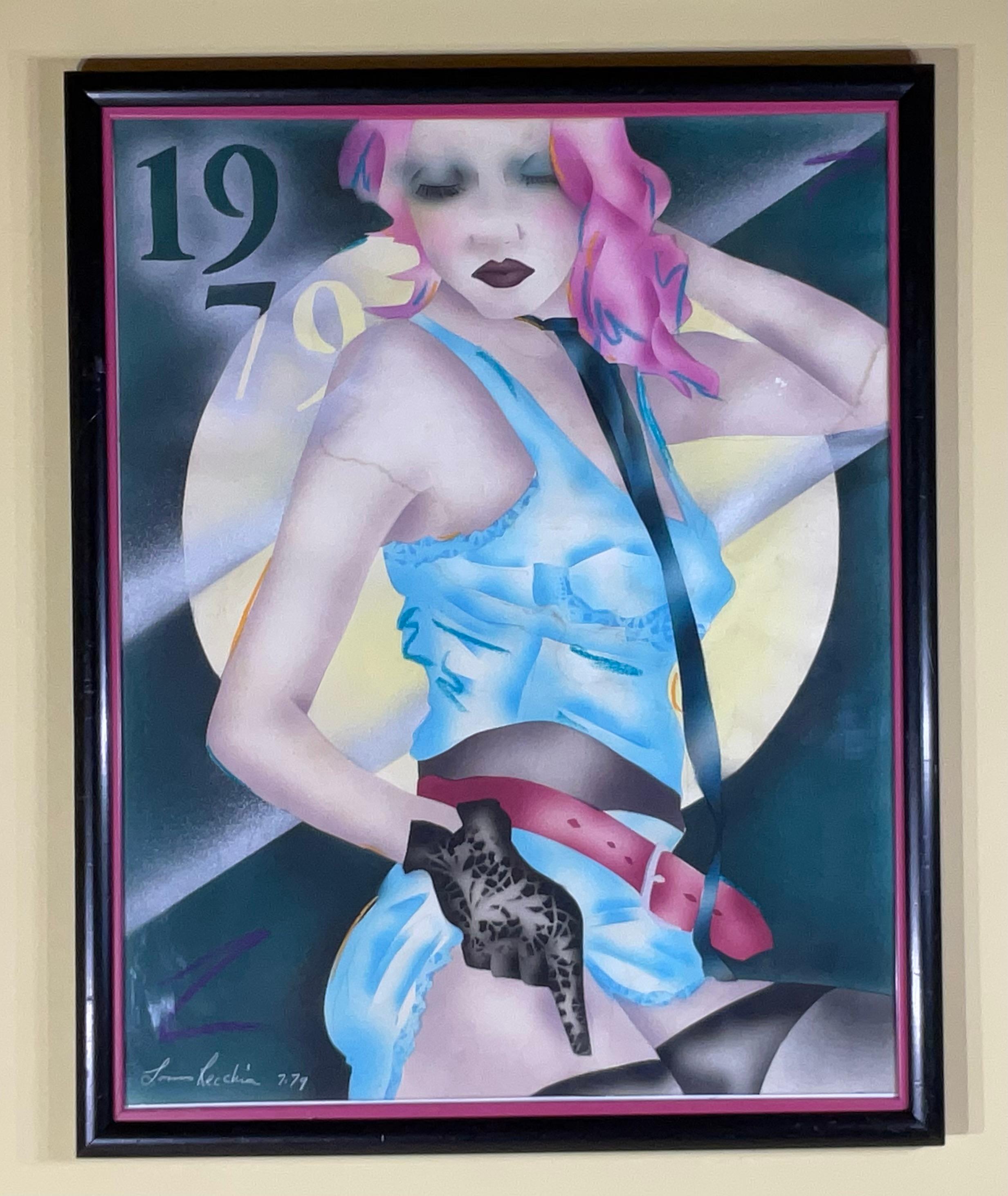 un vivace acquerello pieno di colori ed energia. Il soggetto potrebbe essere una scena stravagante,  con pennellate sciolte e scelte cromatiche audaci. L'estetica generale ricorda la linea di abbigliamento di Betsey Johnson, nota per i suoi disegni