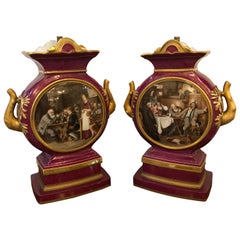 Signed G. Bauer Urns Mounted as Lamps, a Pair French Porcelain