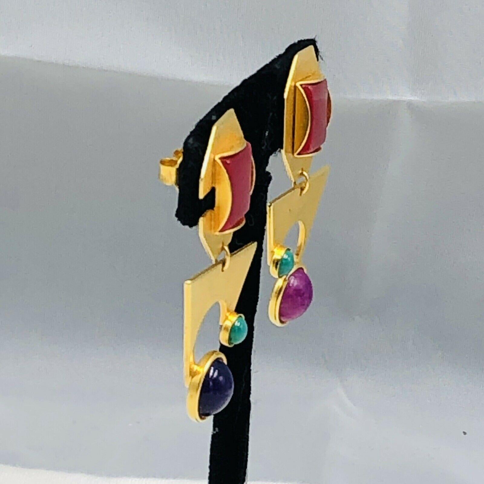 Women's Signed Gale Rothstein Designer Modernist Abstract Faux Gem Drop Earrings