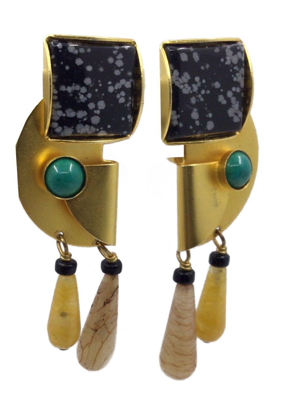 Signed Gale Rothstein Designer Modernist Abstract Multi Gem Drop Clip Earrings For Sale 1