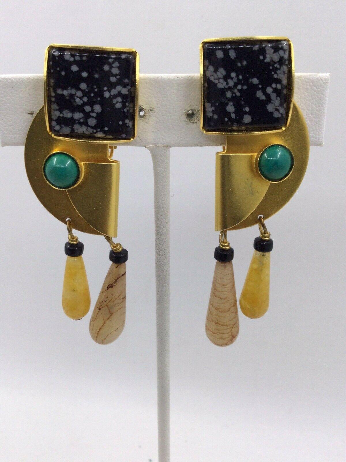 Signed Gale Rothstein Designer Modernist Abstract Multi Gem Drop Clip Earrings For Sale 2