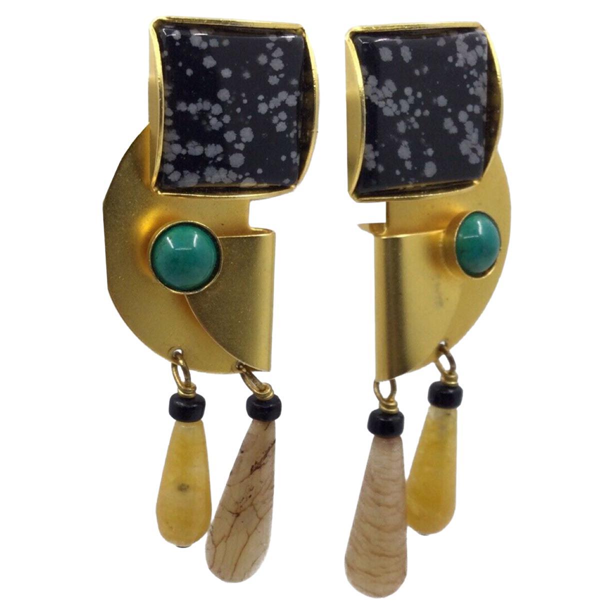 Signed Gale Rothstein Designer Modernist Abstract Multi Gem Drop Clip Earrings For Sale