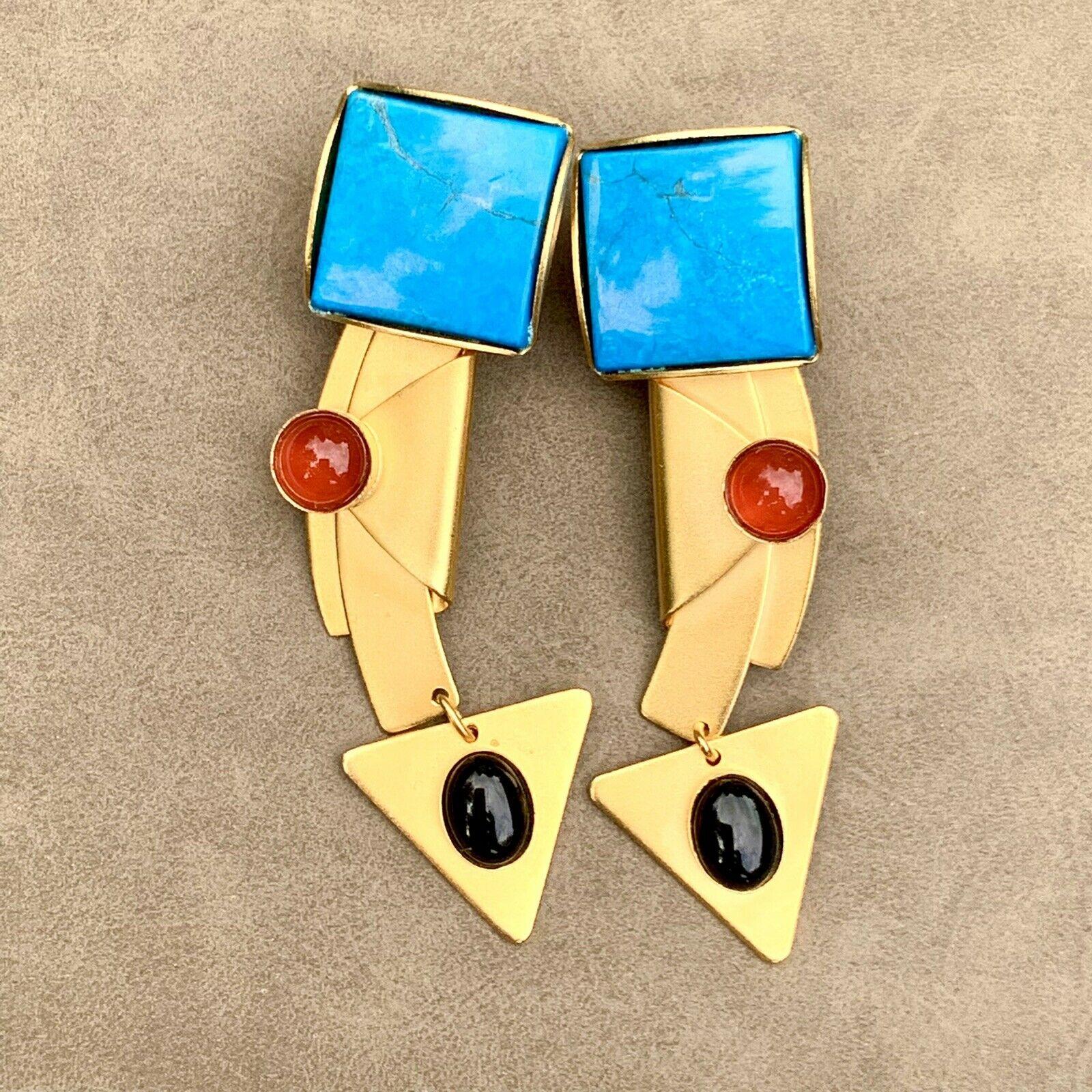 Signed Gale Rothstein Designer Modernist Abstract Multi Gem Drop Earrings For Sale 3