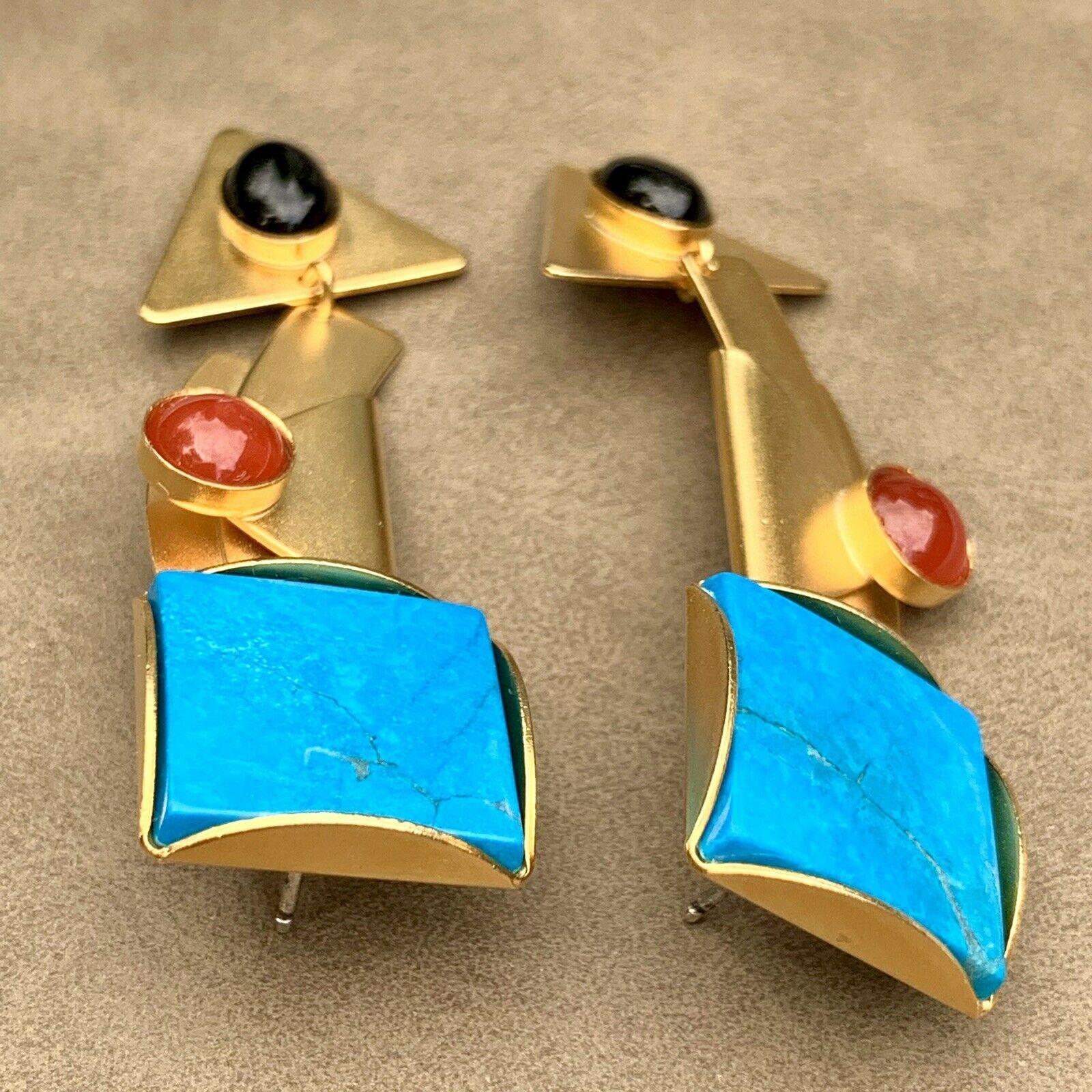 Mixed Cut Signed Gale Rothstein Designer Modernist Abstract Multi Gem Drop Earrings For Sale