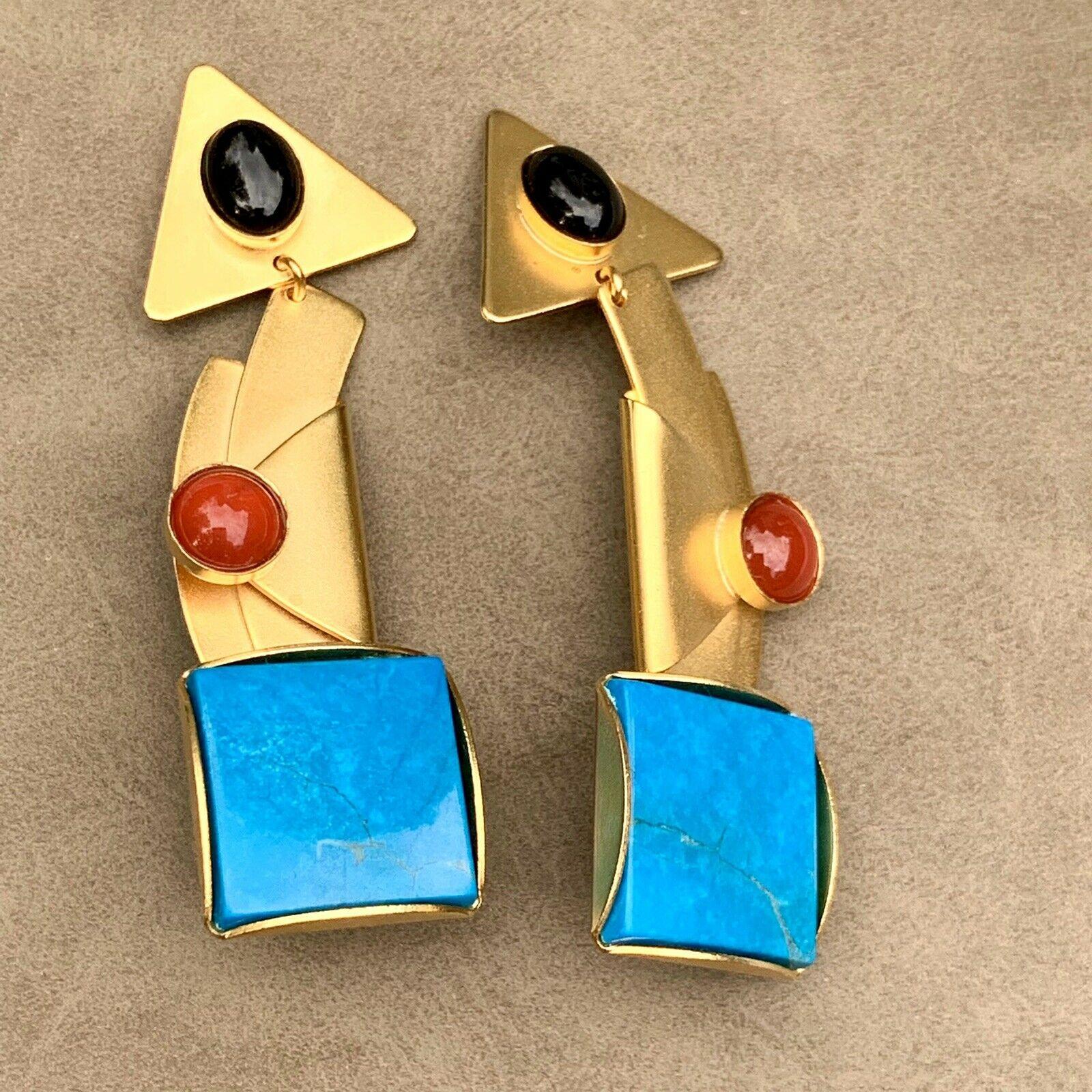 Signed Gale Rothstein Designer Modernist Abstract Multi Gem Drop Earrings In Excellent Condition For Sale In Montreal, QC