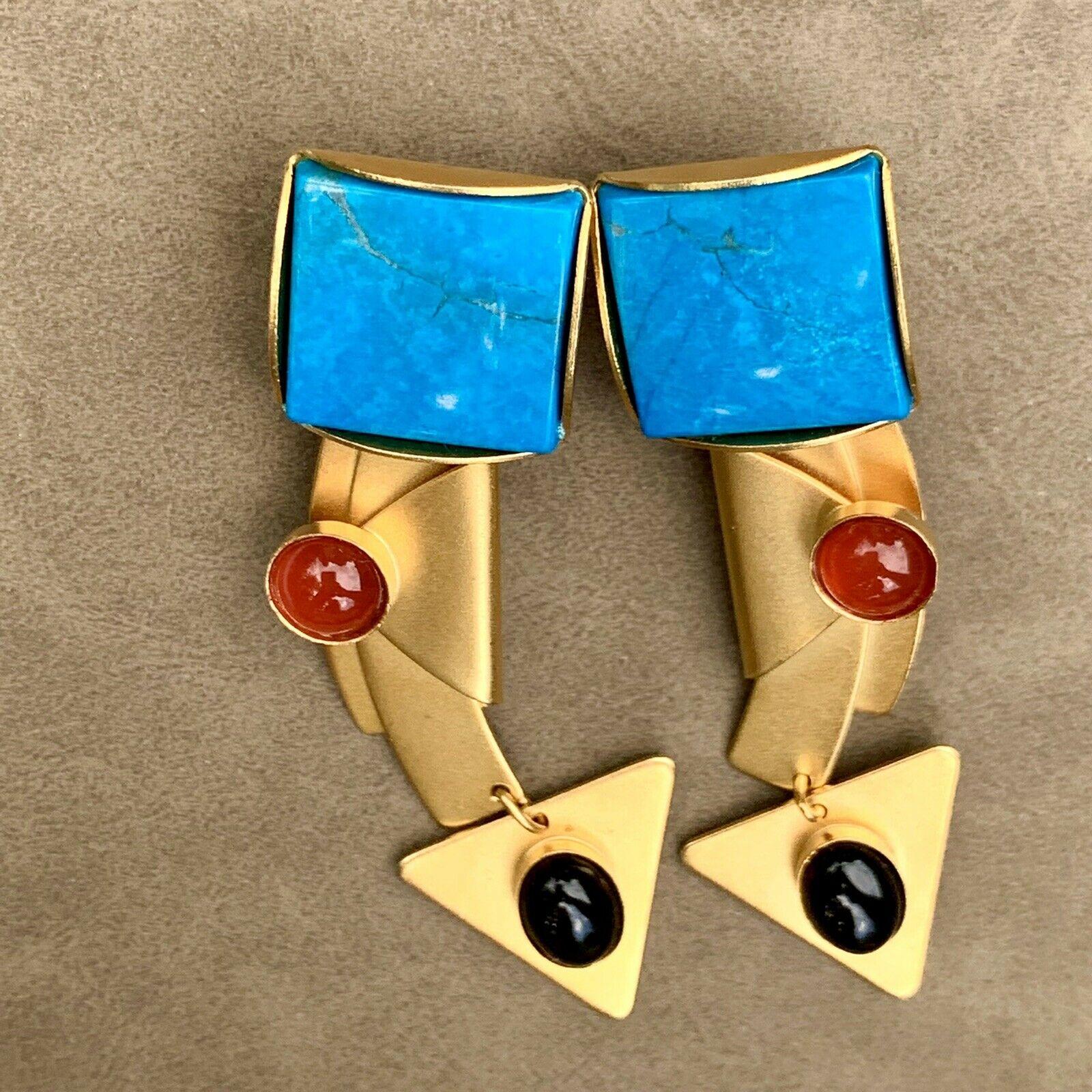 Signed Gale Rothstein Designer Modernist Abstract Multi Gem Drop Earrings For Sale 1