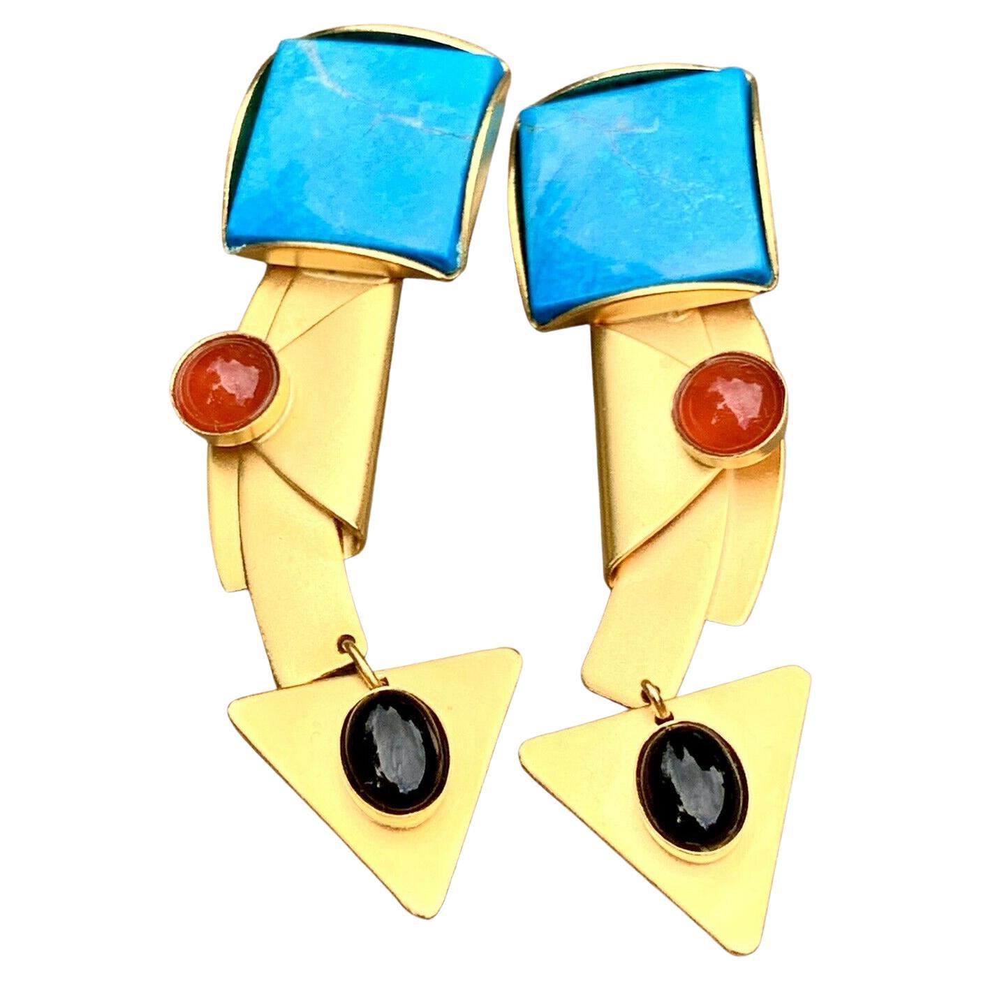 Signed Gale Rothstein Designer Modernist Abstract Multi Gem Drop Earrings For Sale