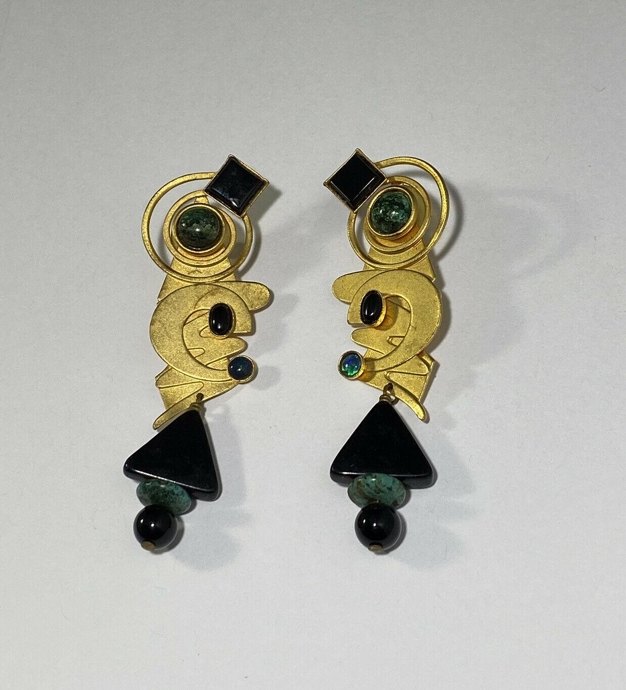 Fabulous Signed Gale Rothstein Designer Modernist Natural Stones Dangle earrings. Striking Abstract design. Measuring approx. 3” long. Signed on back: Gale Rothstein. More Beautiful in real time...Sure to be admired complement to your outfit!