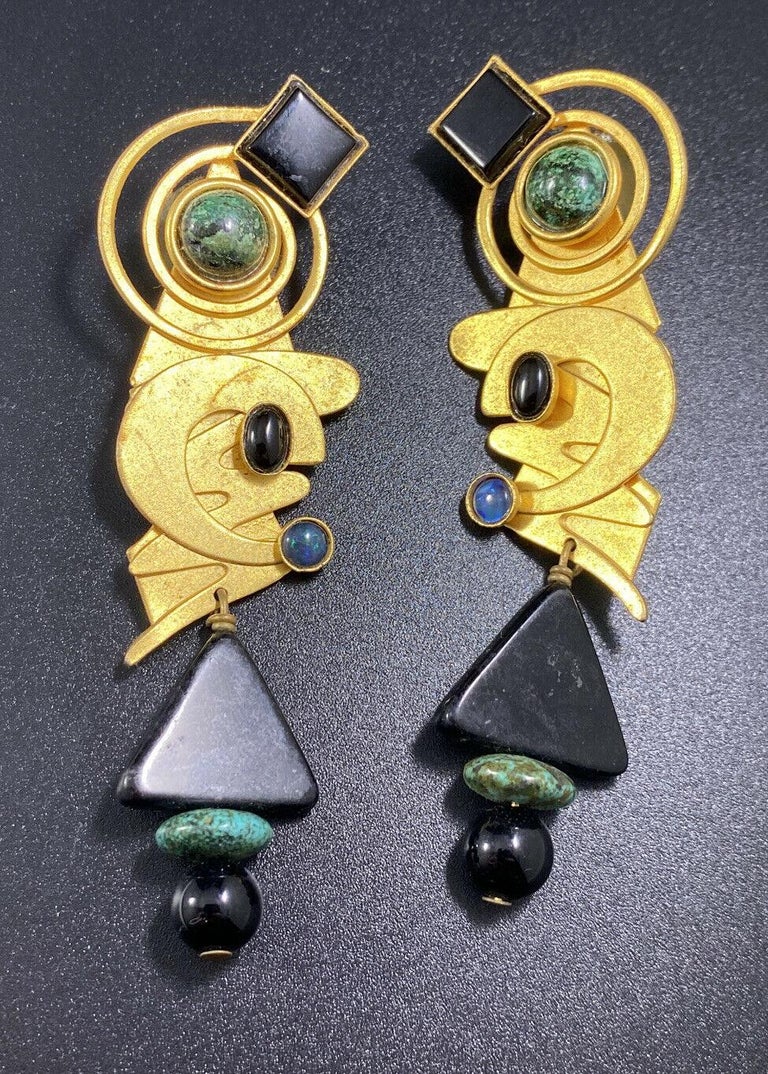 Boucles D'oreilles Vintage Art Déco - Métal Doré Et Résine Vert Pâle, Occasion