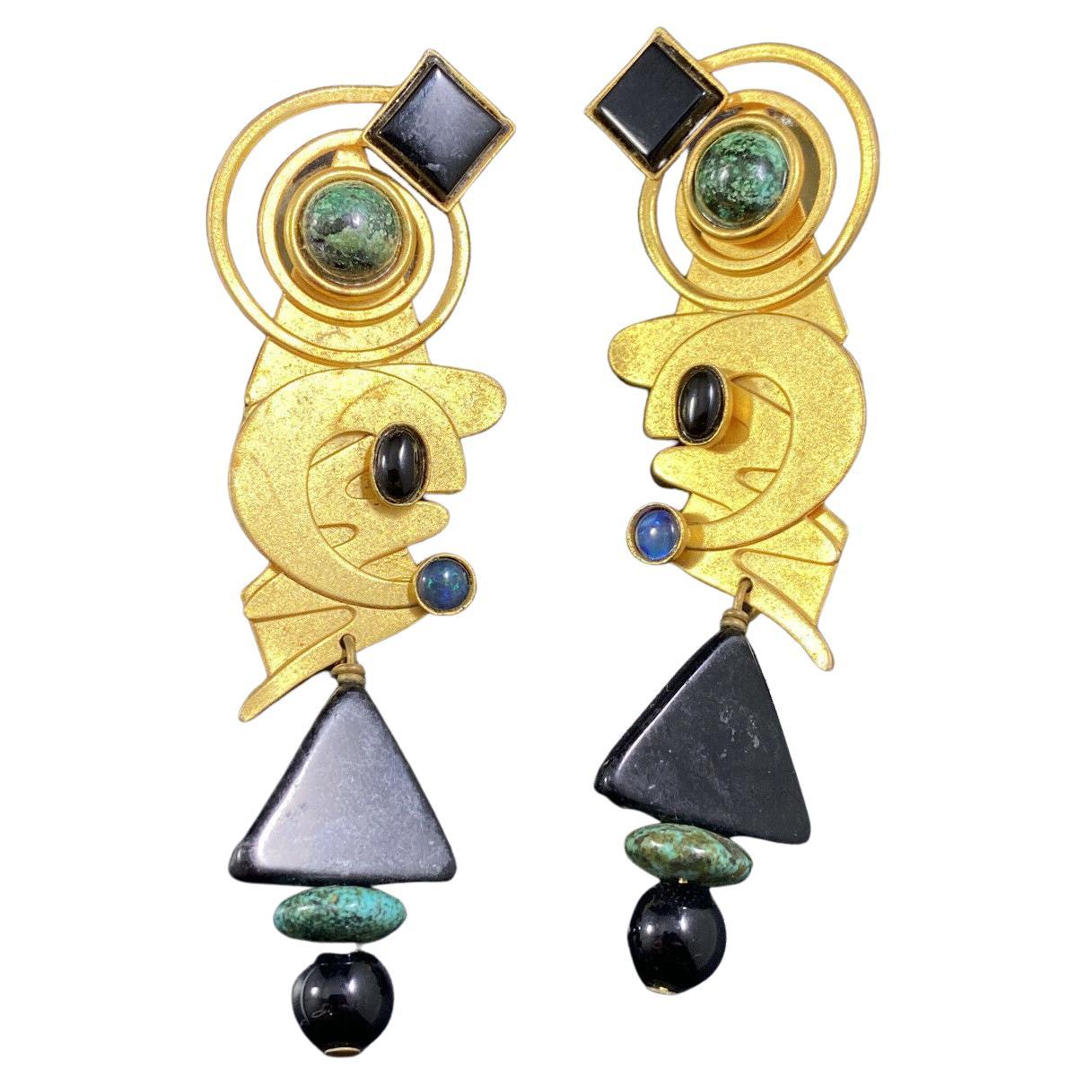 Signed Gale Rothstein Designer Modernist Abstract Natural Stones Drop Earrings For Sale