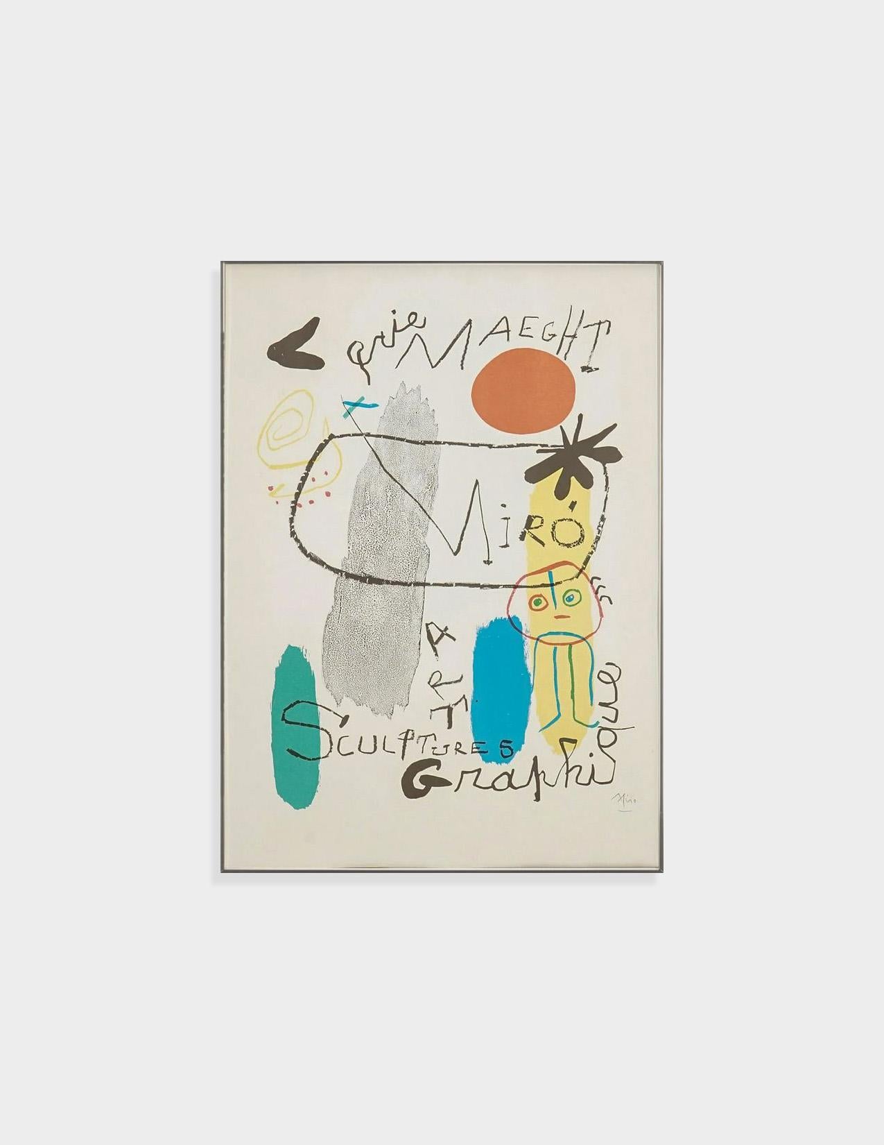 Framed Galeri Maeght Lithograph Exhibition Poster by Joan Miro. Joan Miro is a Catalan artist known for his abstract, expressive, and playful style. Signed in pencil to lower right. Frame included.