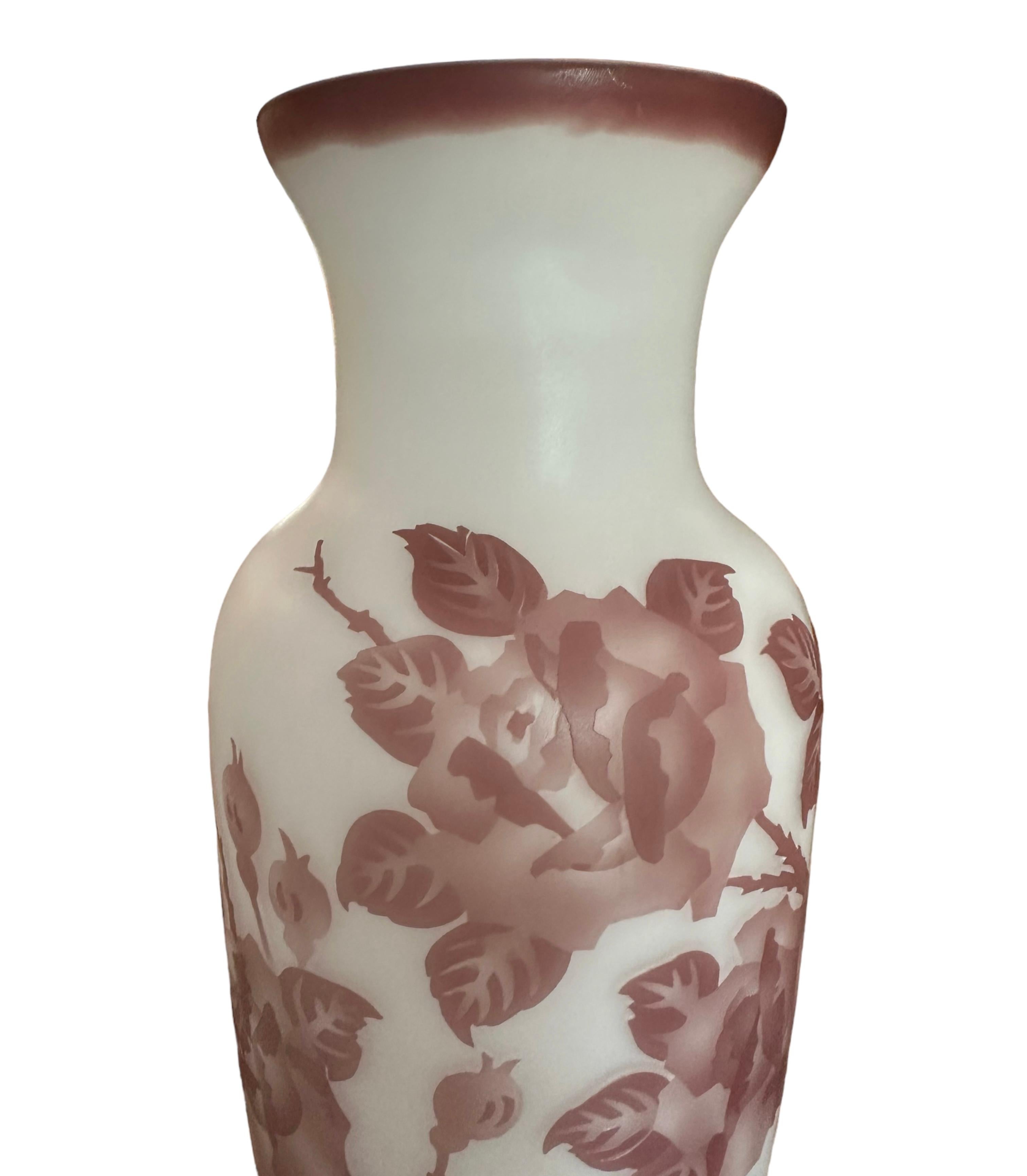 Art Nouveau Signed Galle, Etched Art Glass Vase with Burgundy Flowers For Sale