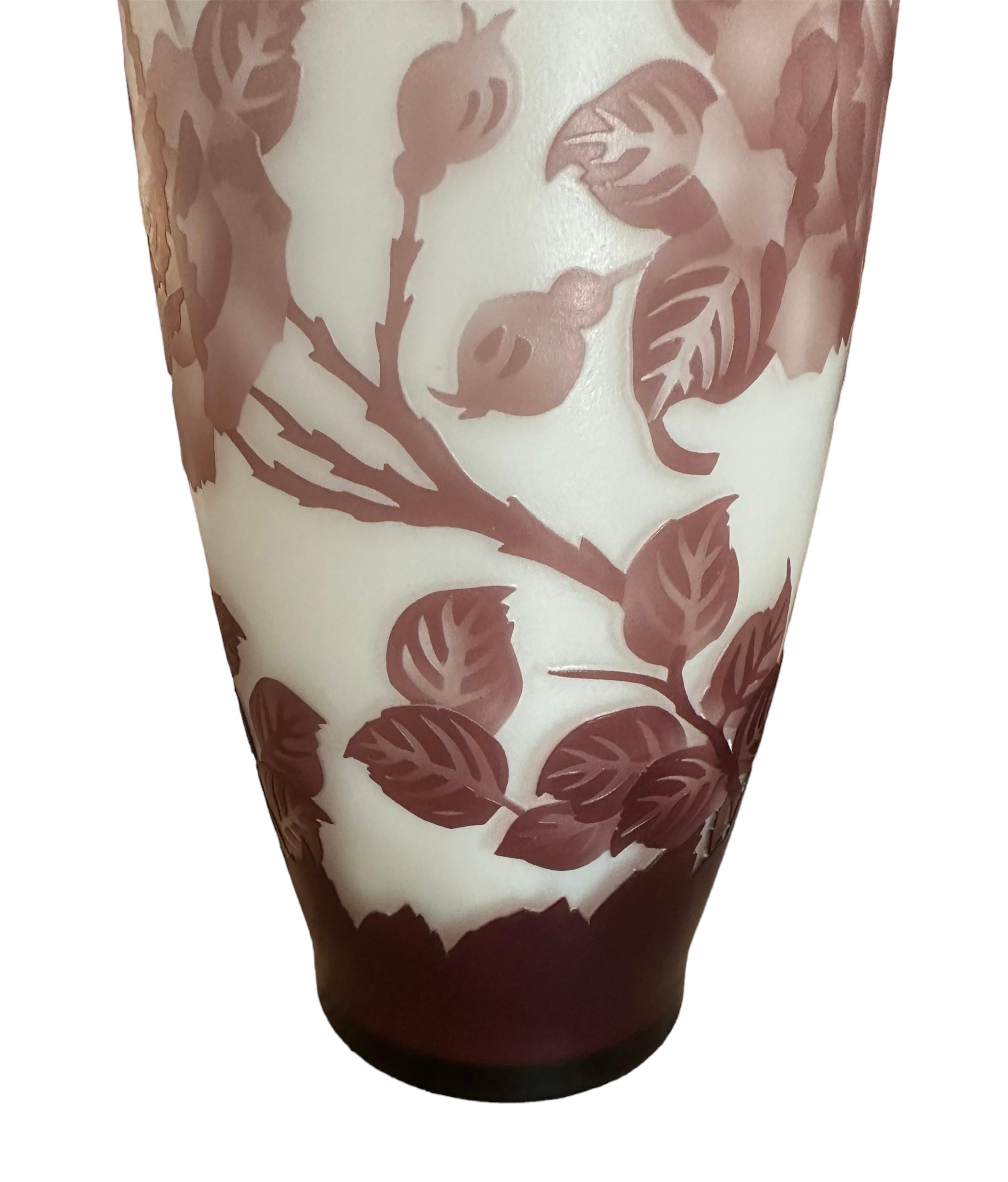 American Signed Galle, Etched Art Glass Vase with Burgundy Flowers For Sale