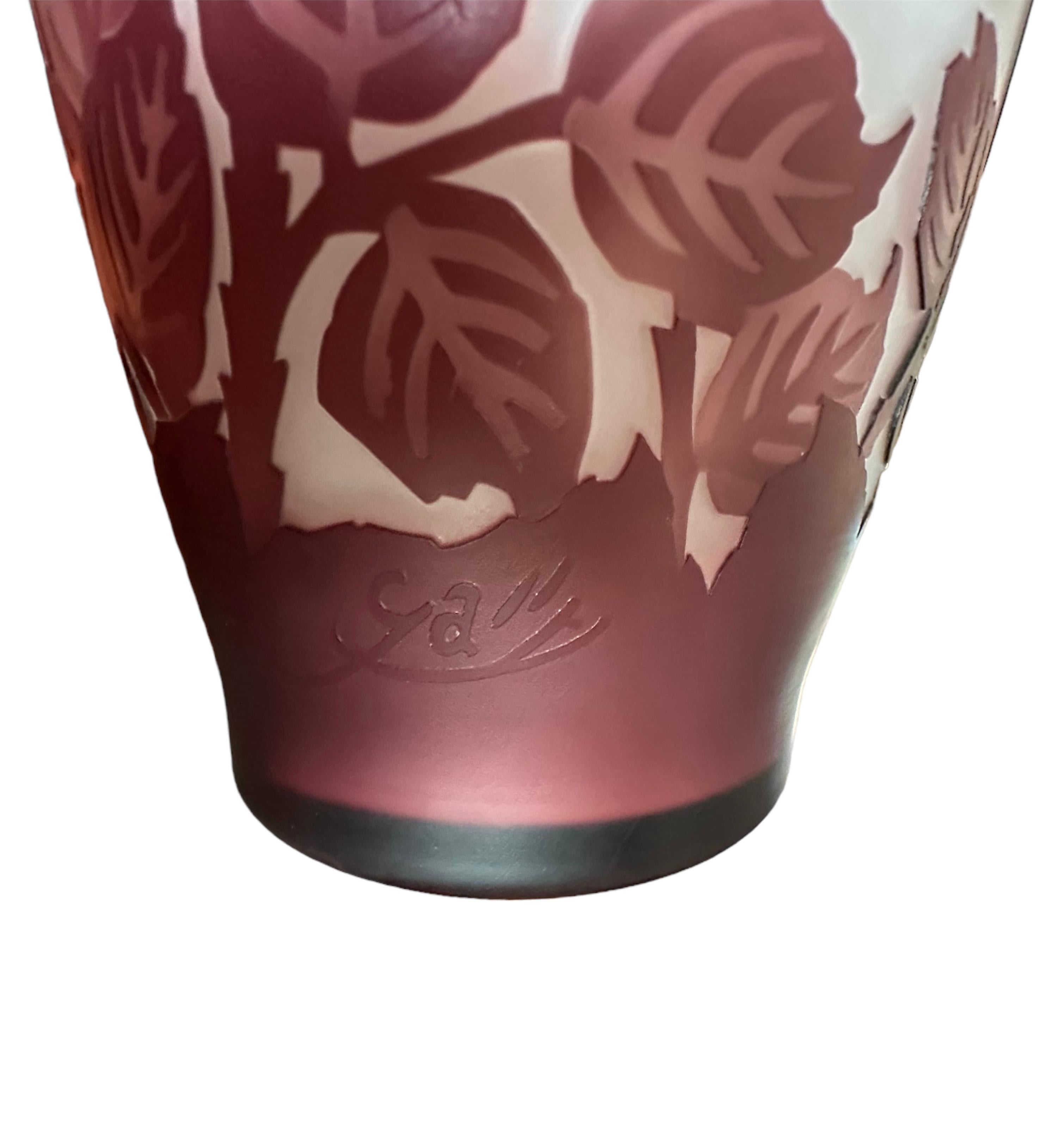 Signed Galle, Etched Art Glass Vase with Burgundy Flowers In Good Condition For Sale In Jupiter, FL