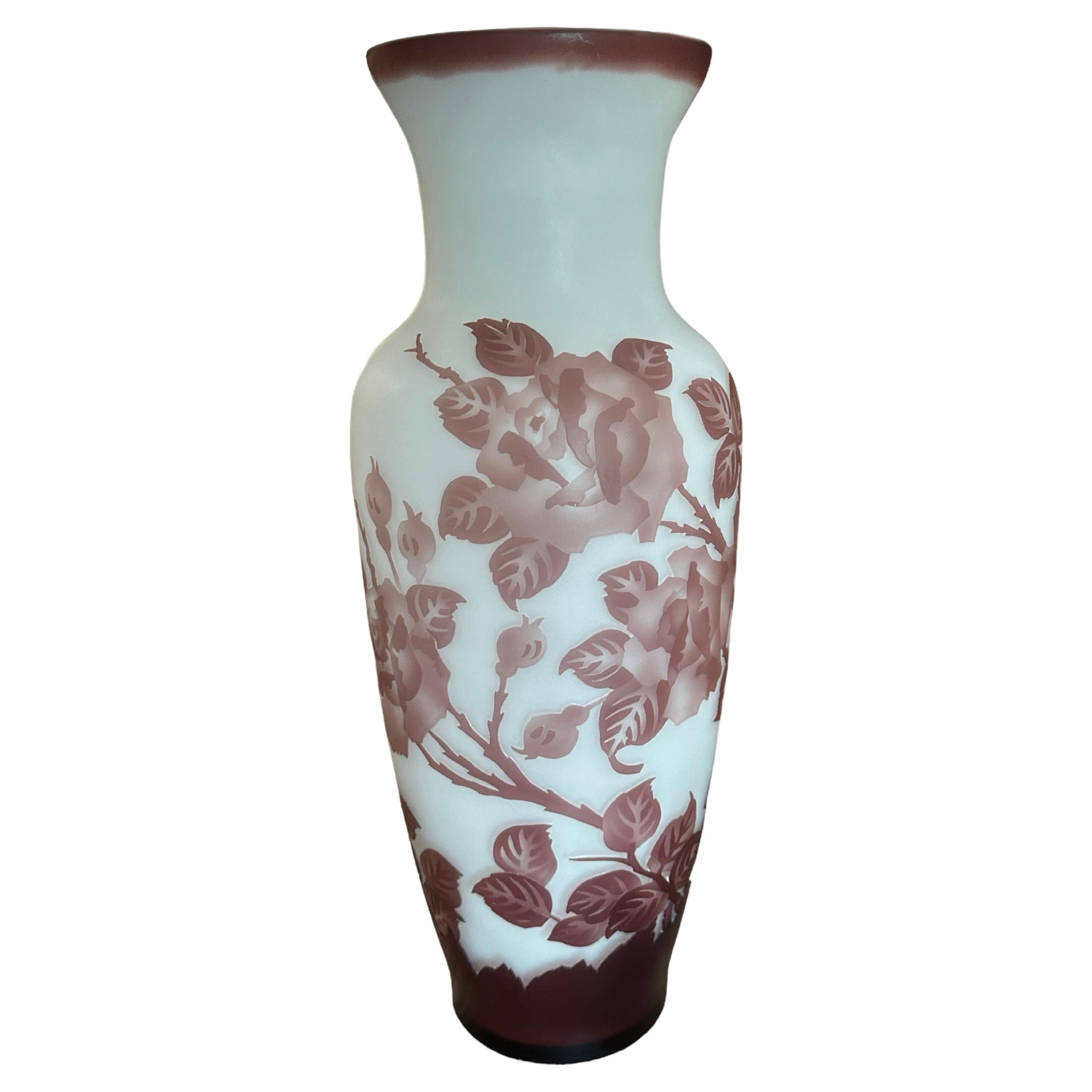 Signed Galle, Etched Art Glass Vase with Burgundy Flowers For Sale