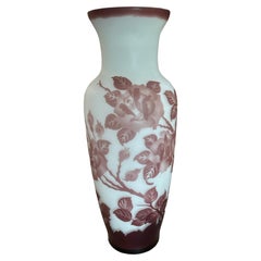 Signed Galle, Etched Art Glass Vase with Burgundy Flowers