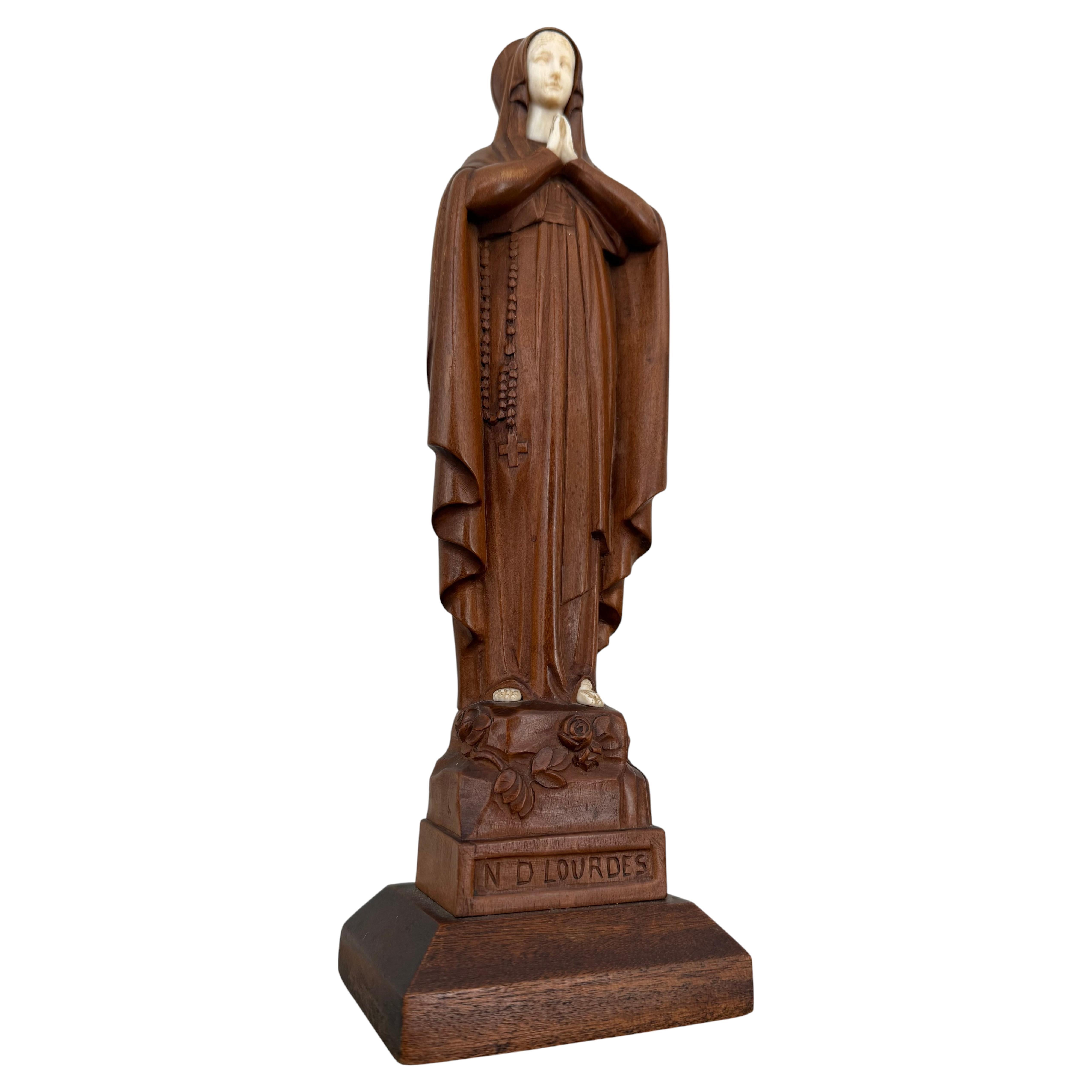 Signed Gallo Art Deco Walnut and Composite Our Lady of Lourdes Sculpture For Sale